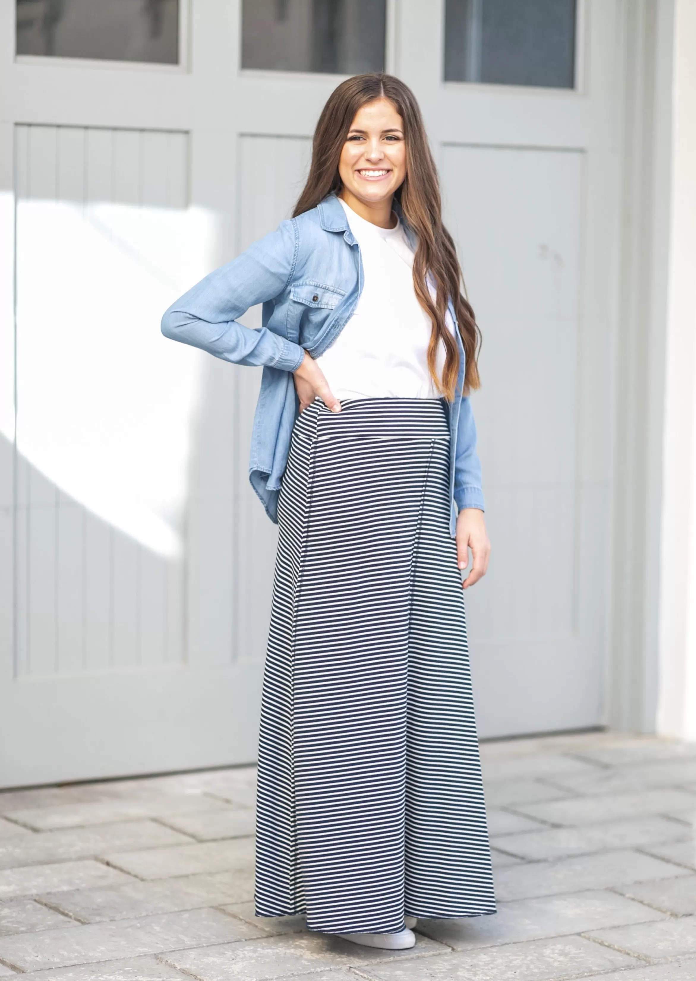 * Allison Knit Maxi Skirt Navy Stripe Shop