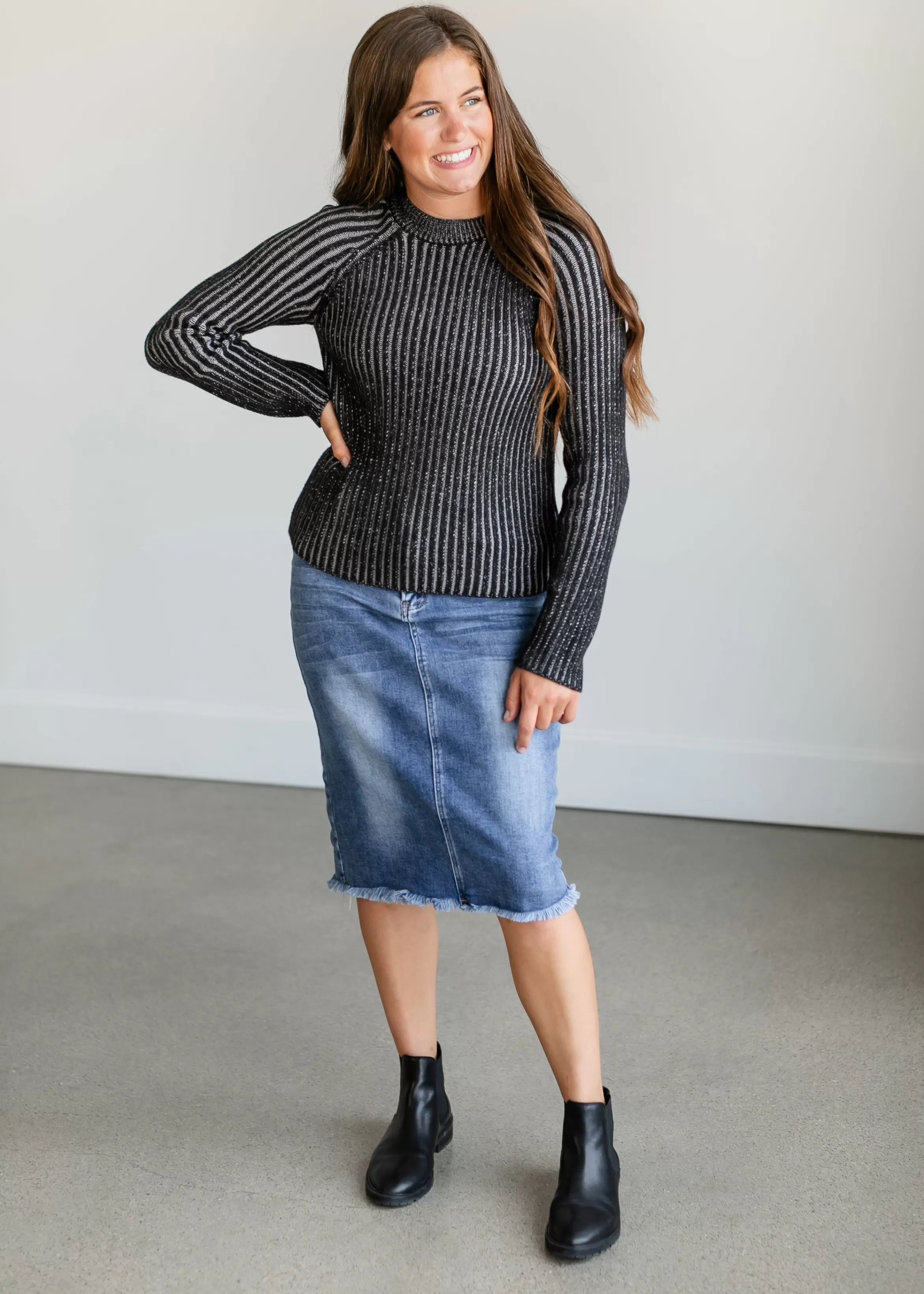 Steve Madden Ami Black And Gray Ribbed Sweater Cheap