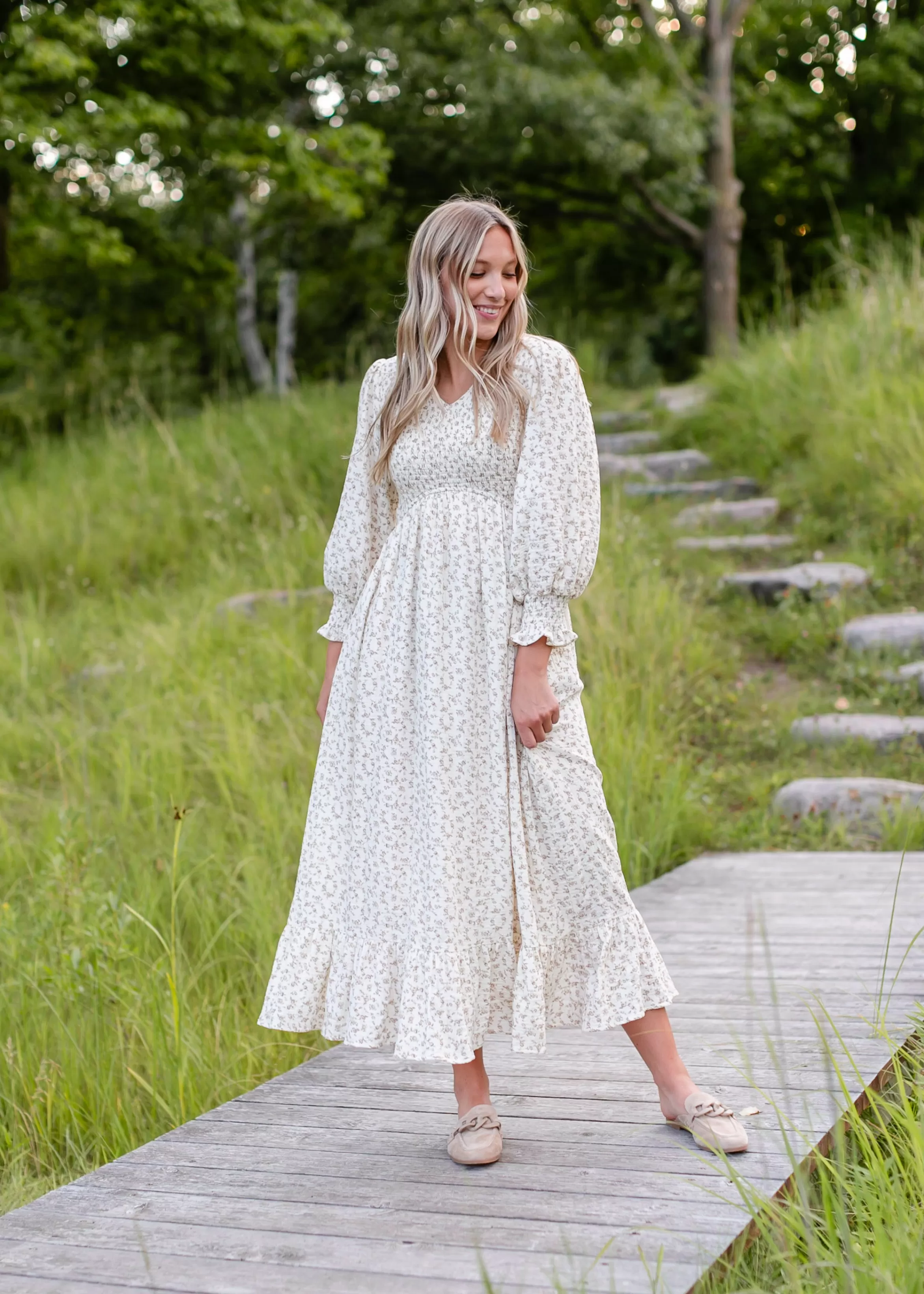 * Ariella Long Sleeve Floral Smocked Maxi Dress Sale