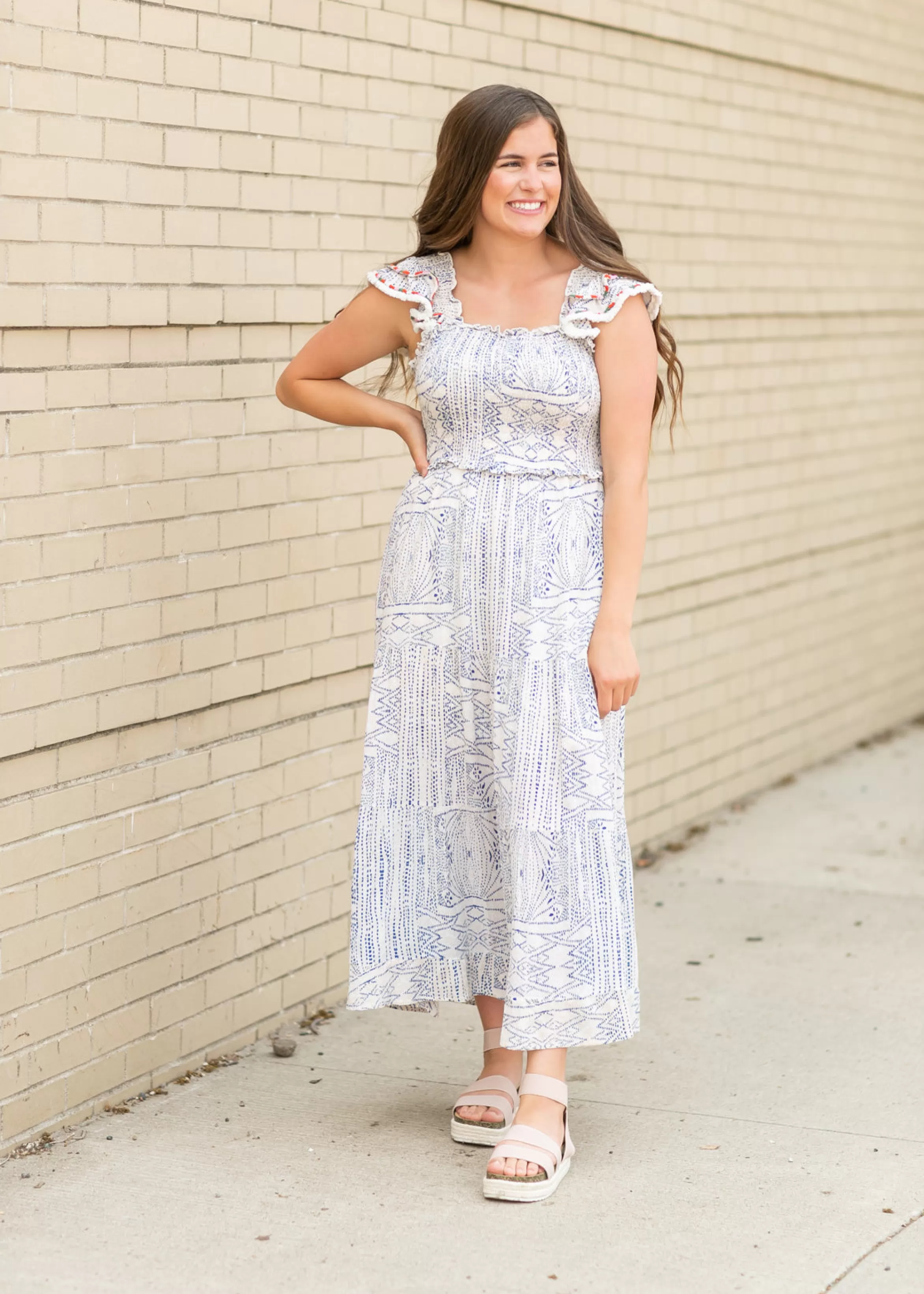 THML Aztec Dot Print Smocked Maxi Dress Cheap