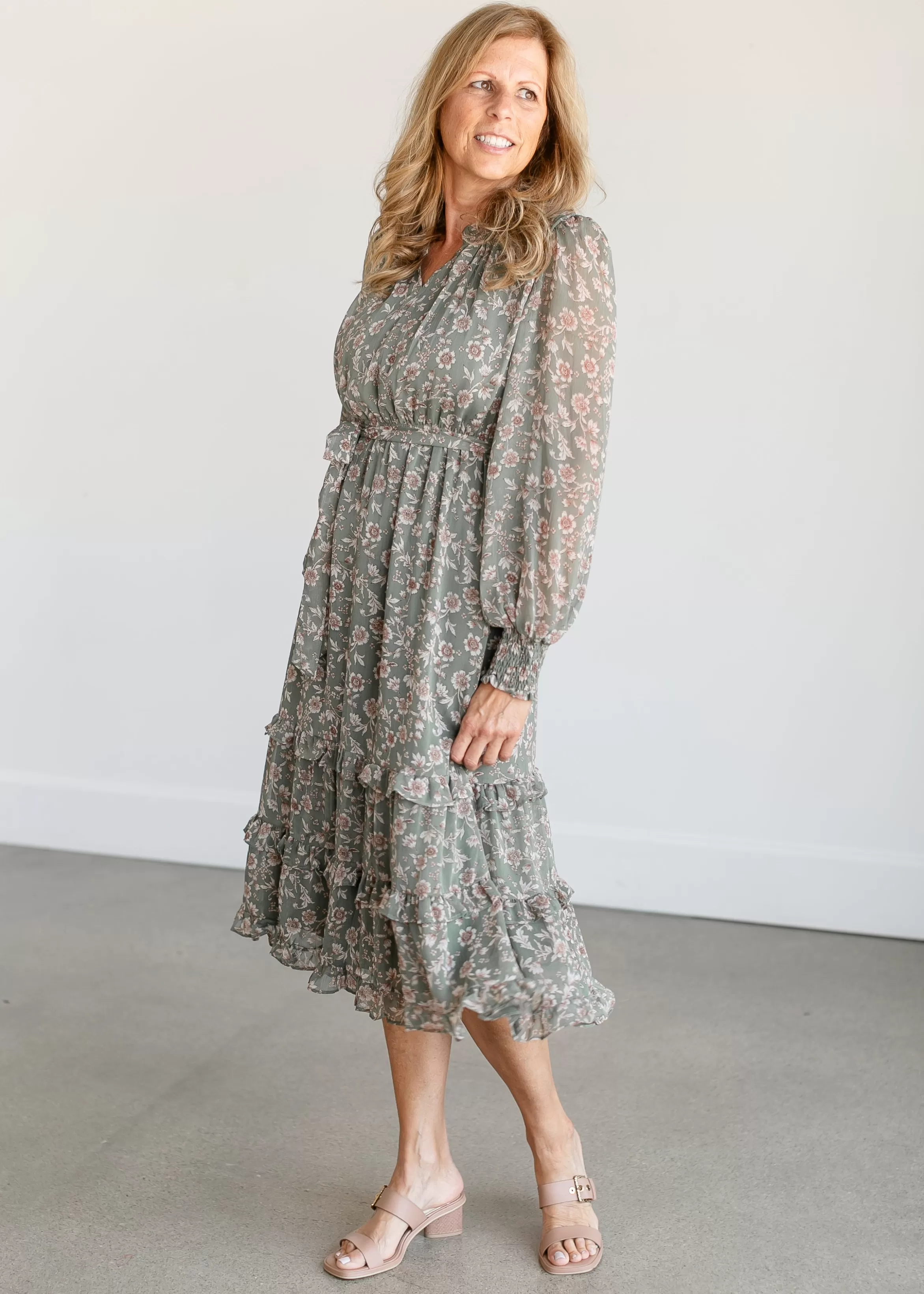 Tea N Rose Belted Floral Long Sleeve Midi Dress Fashion