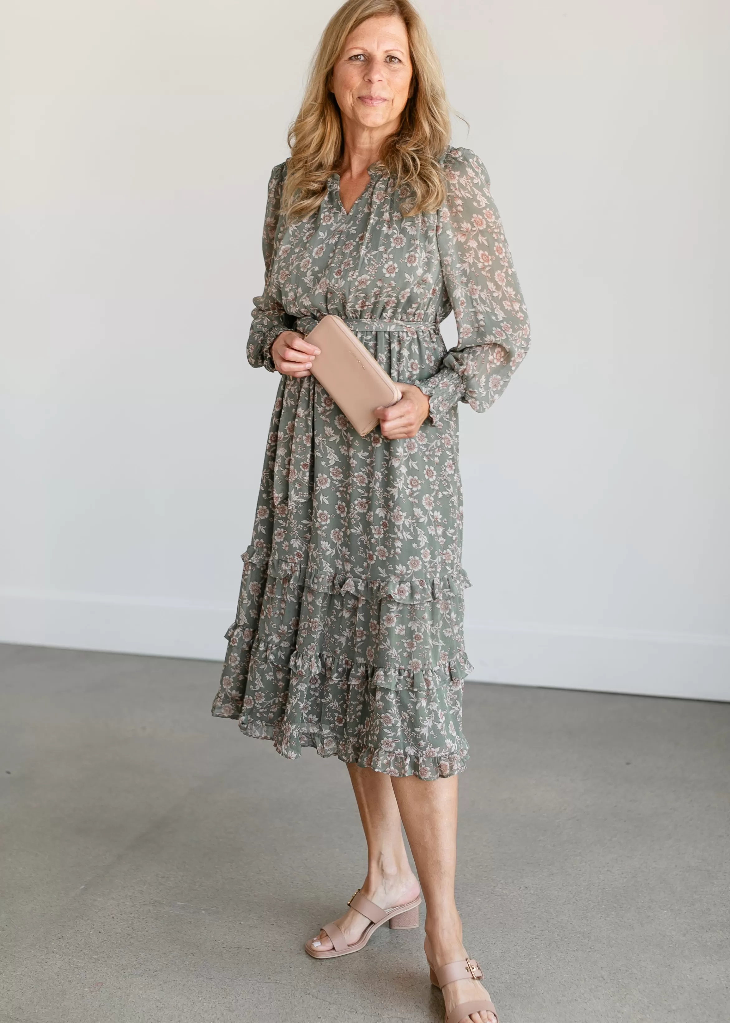 Tea N Rose Belted Floral Long Sleeve Midi Dress Fashion