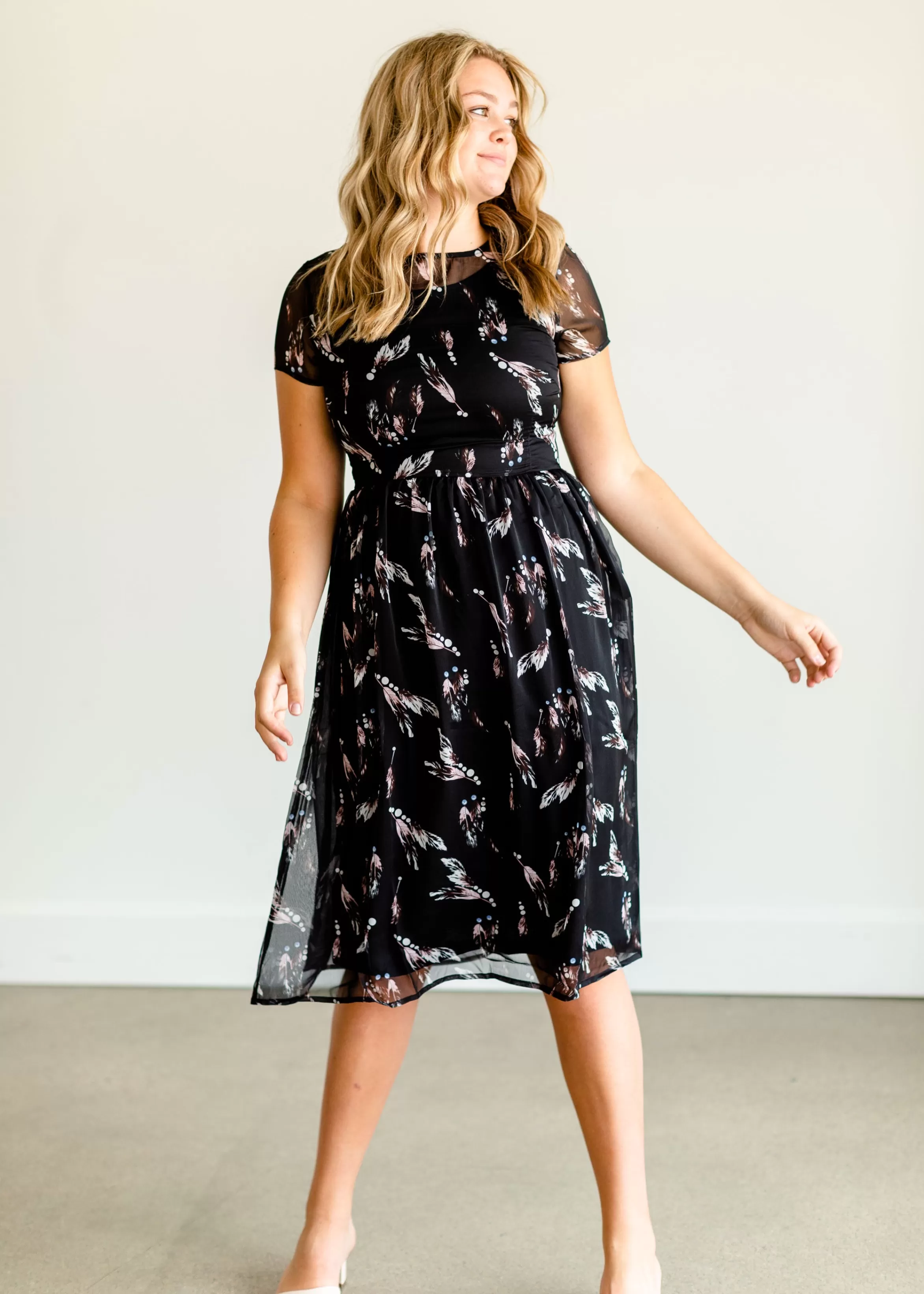 Christian Modest Clothing Besy Feather Print Overlay Midi Dress New