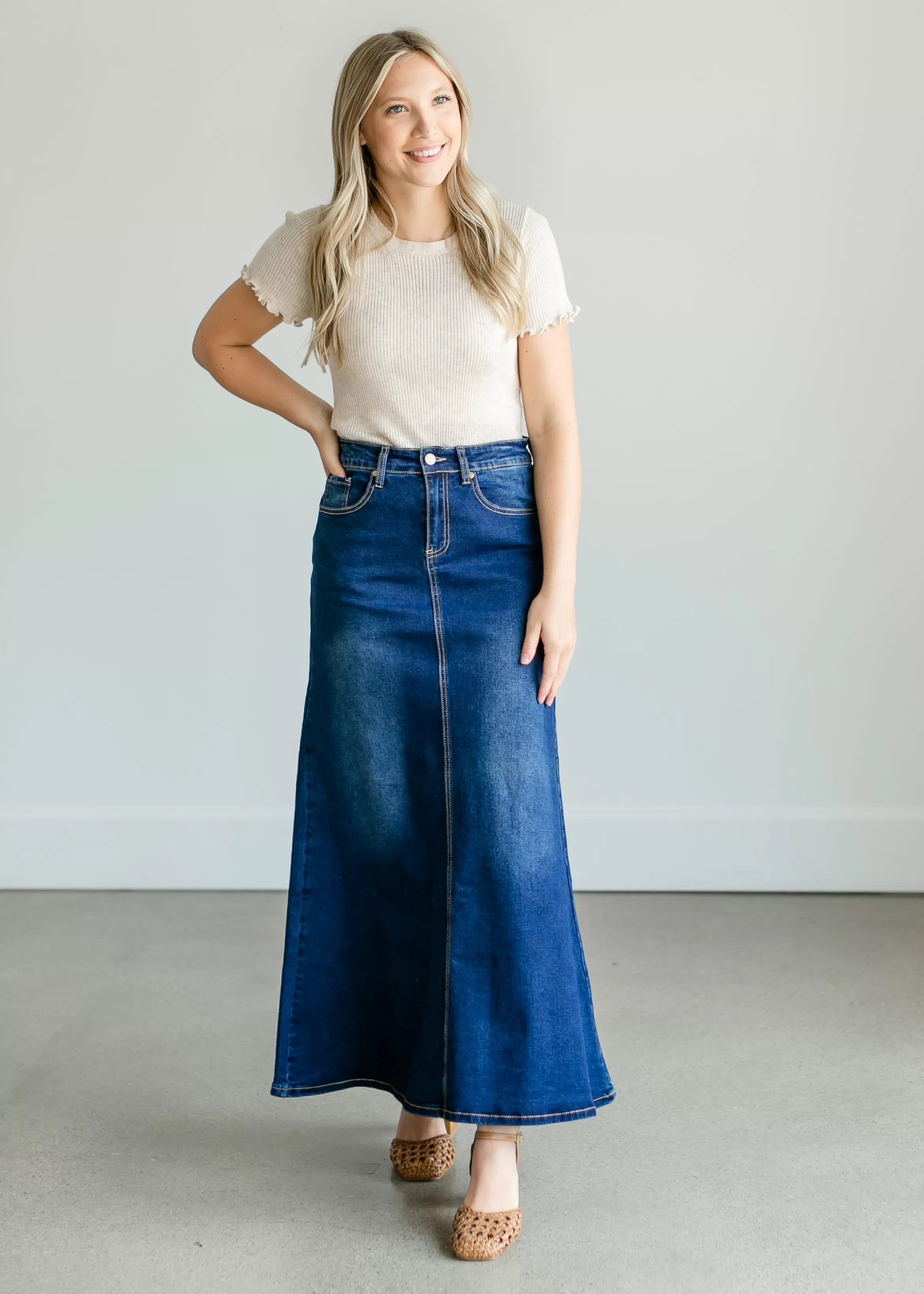 * Bethany A-Line Long Denim Skirt Discount