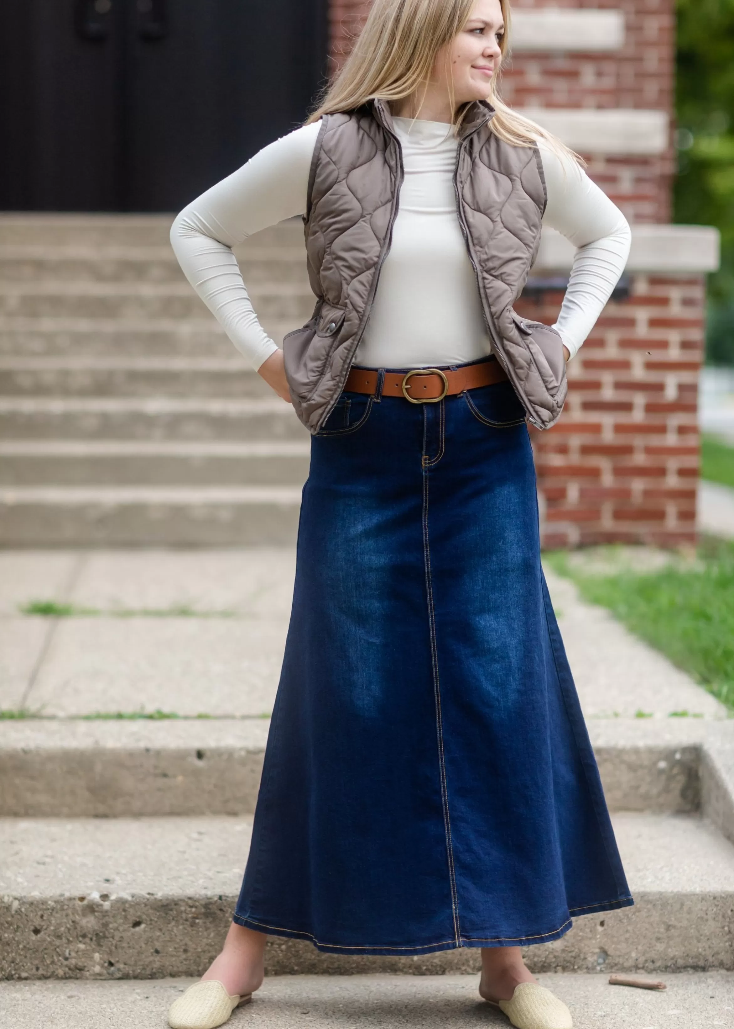 * Bethany Dark A-Line Long Denim Skirt New