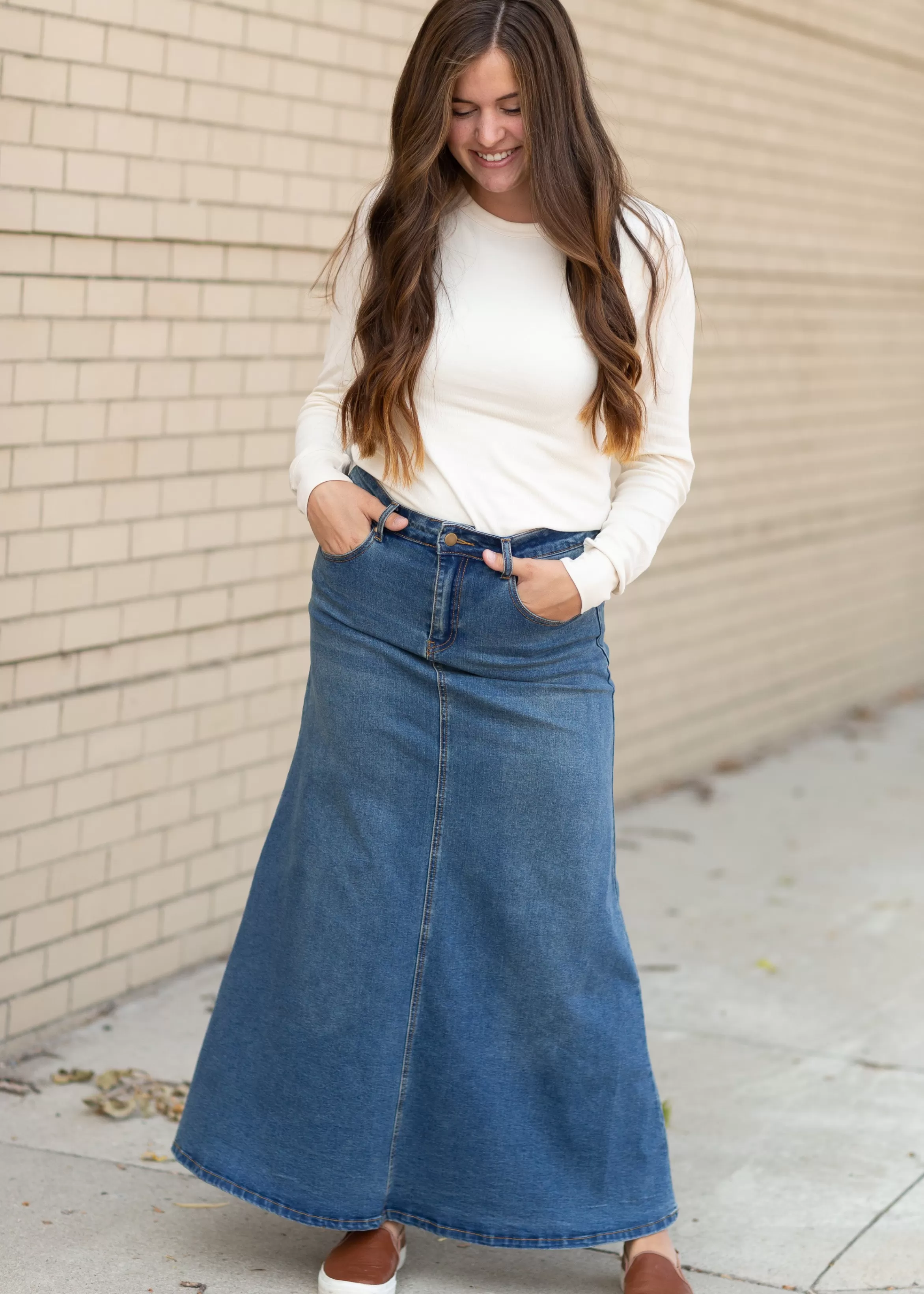 * Bethany Medium Wash A-Line Long Denim Skirt New