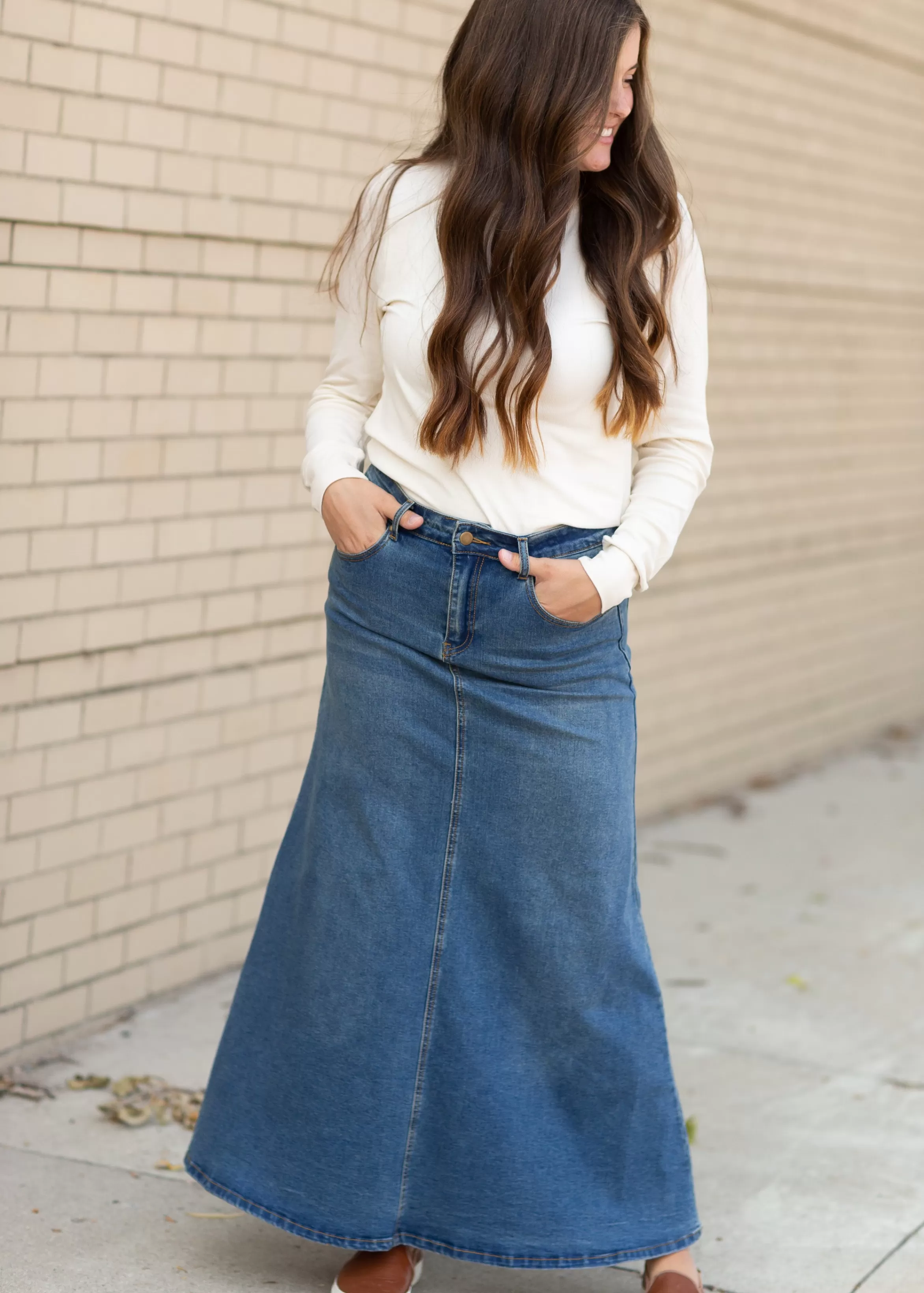 * Bethany Medium Wash A-Line Long Denim Skirt New