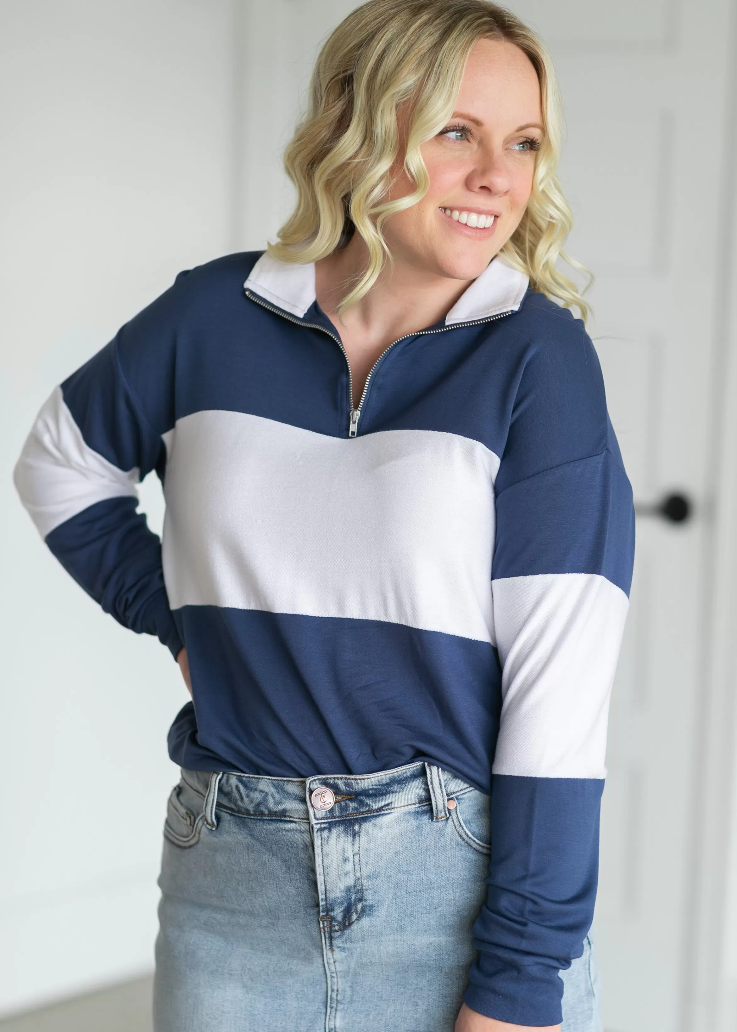 Thread & Supply Bexley Cobalt Stripe Quarter Zip Top Cheap