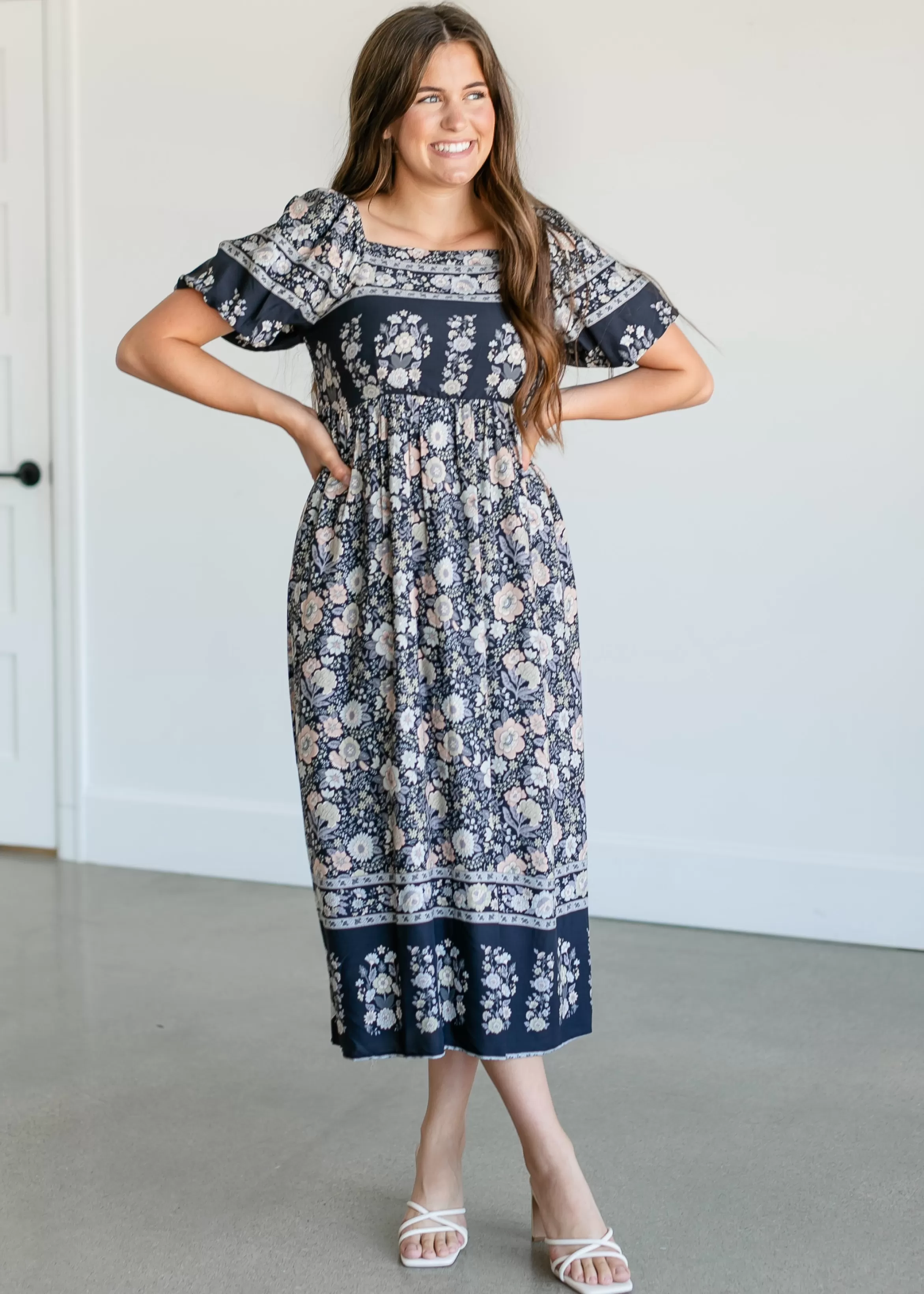 Mikarose Botanical Floral Smocked Midi Dress Store