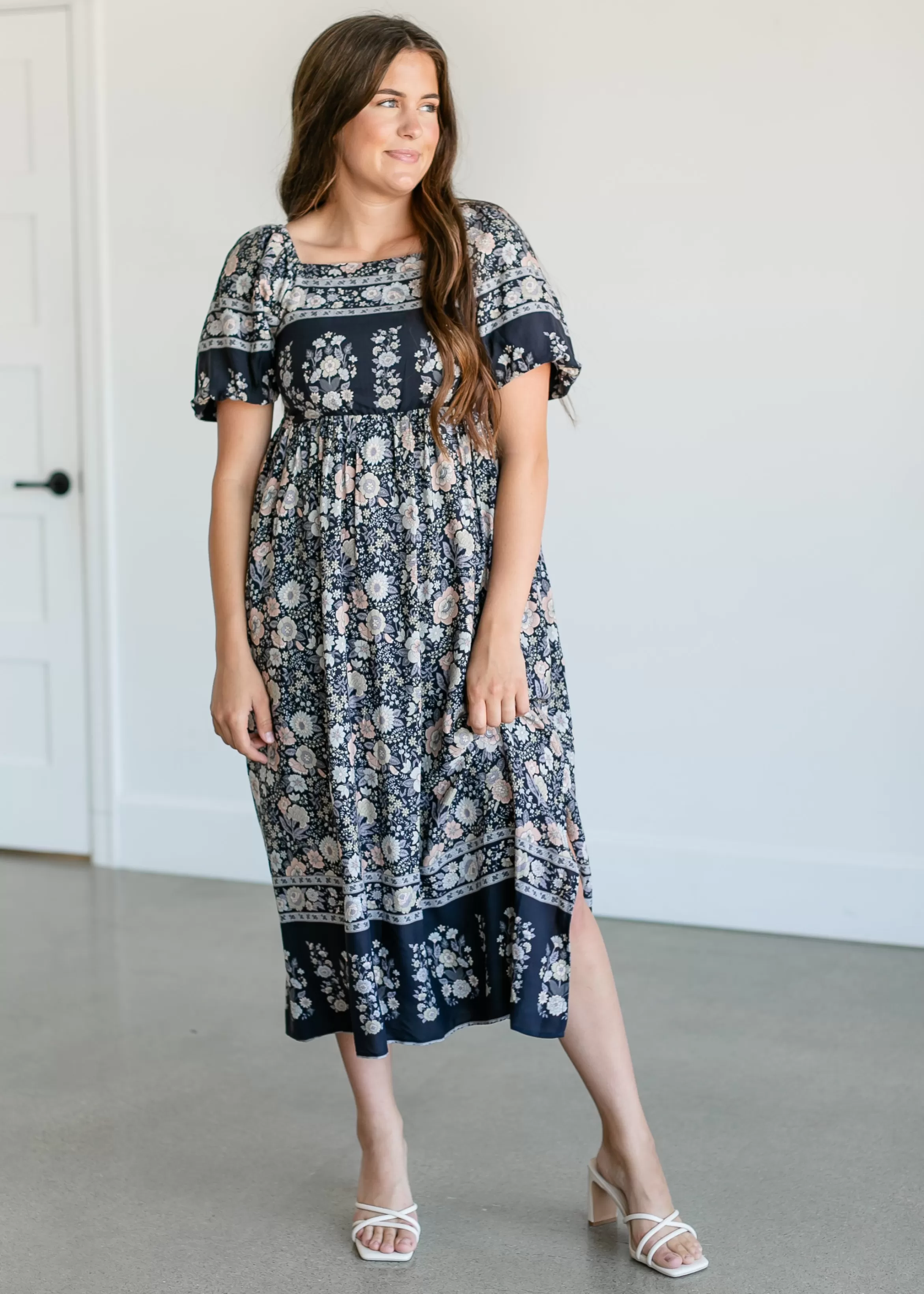 Mikarose Botanical Floral Smocked Midi Dress Store