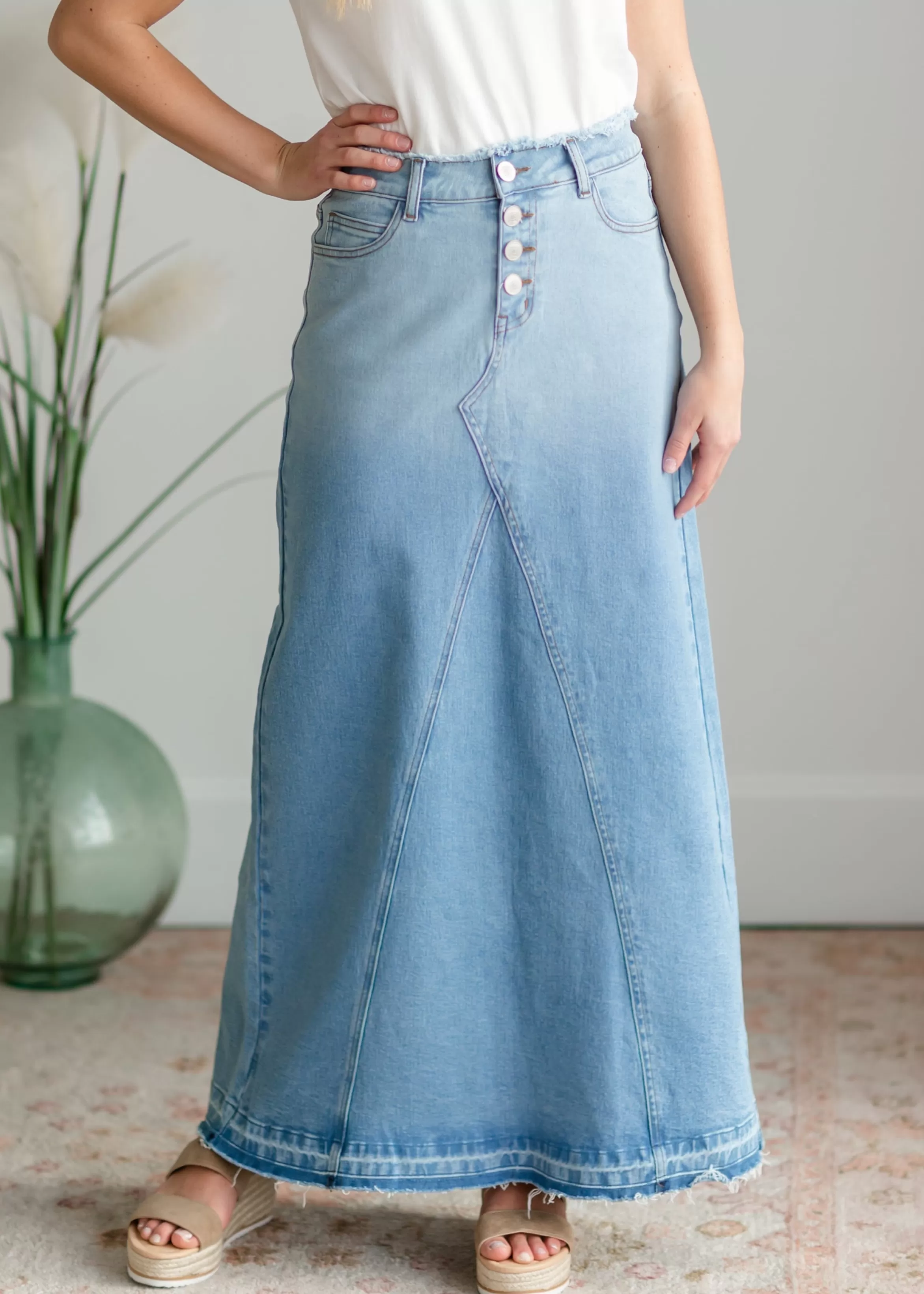 * Brandi Raw Hem Long Denim Skirt Fashion