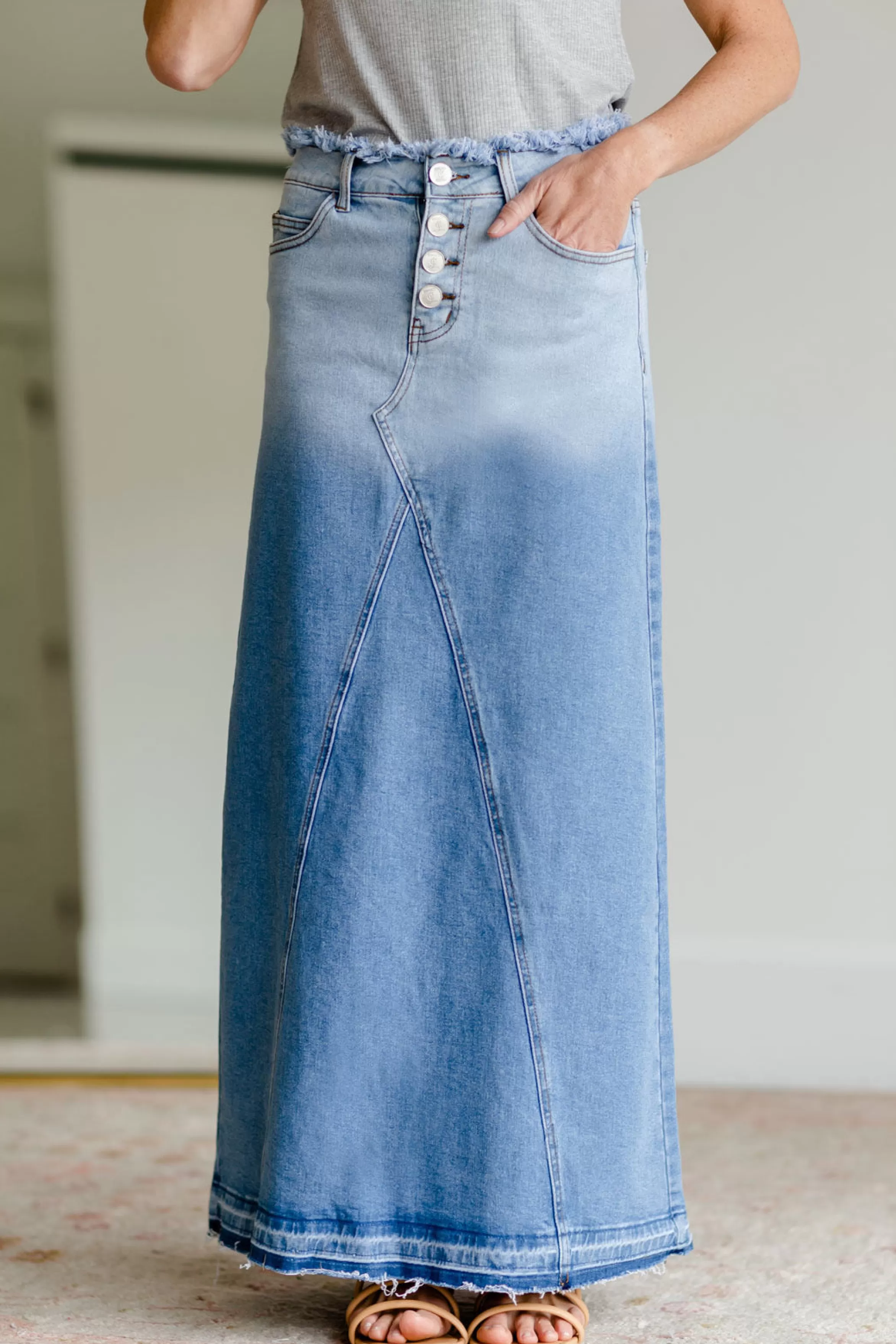 * Brandi Raw Hem Long Denim Skirt Fashion
