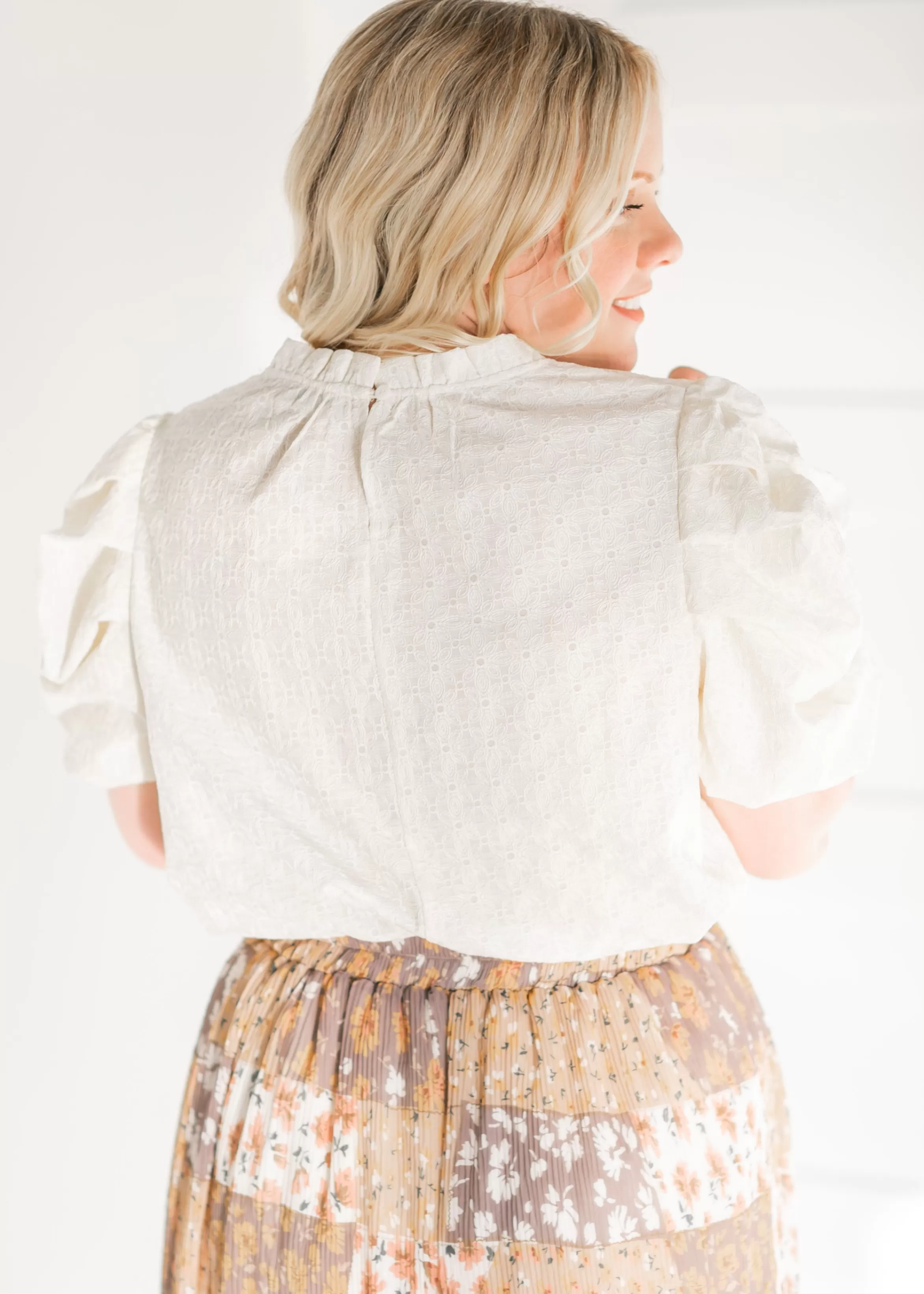 VOY Bubble Puff Sleeve Embroidered Top Outlet
