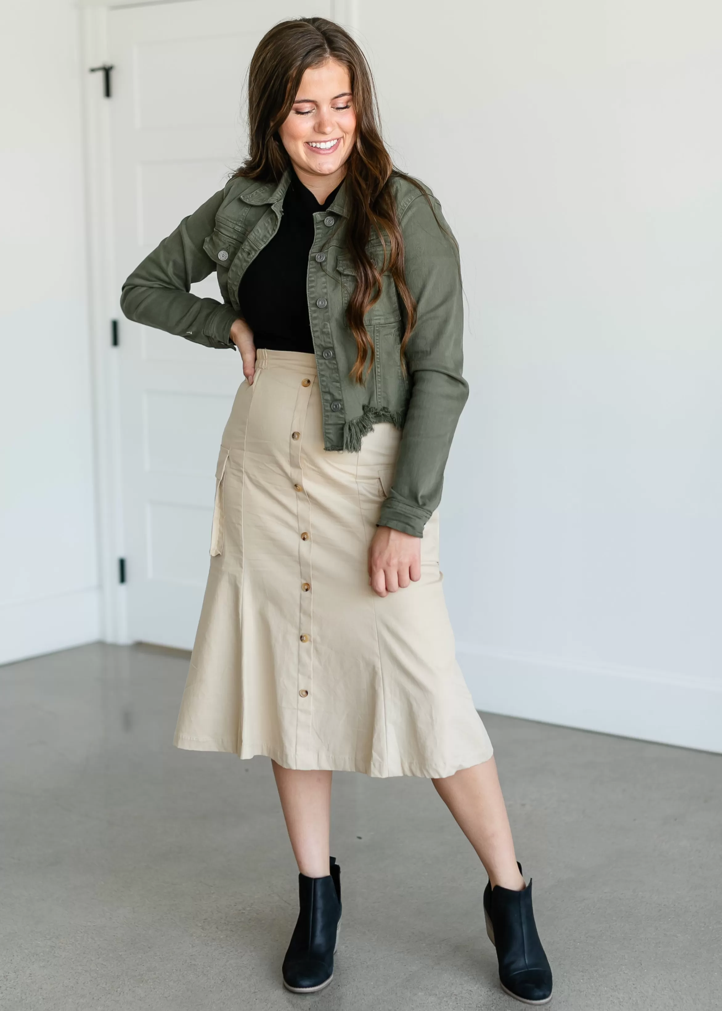 Hayden Button Down Cargo Pocket Midi Skirt Store
