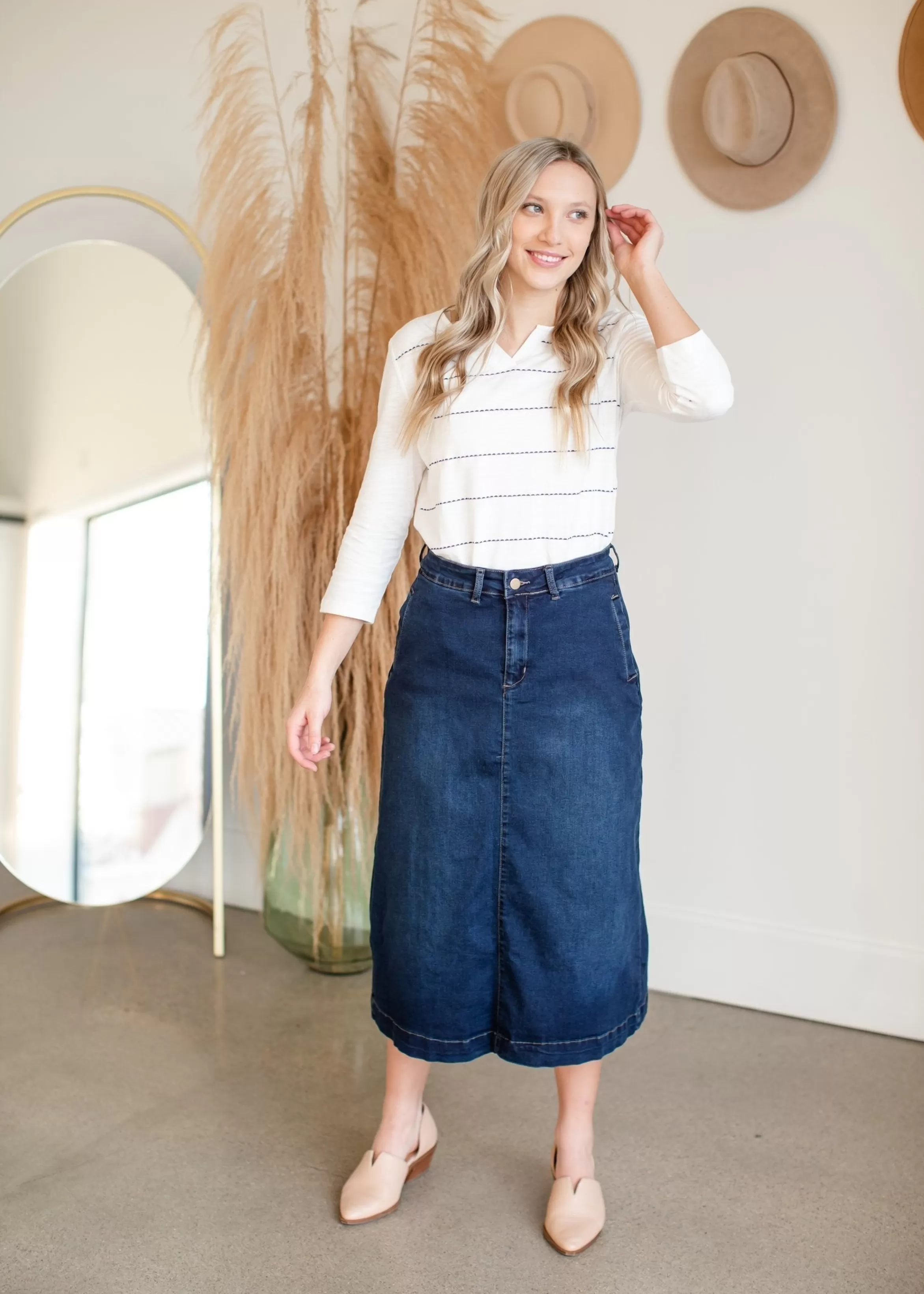 * Caren Back Snap Denim Midi Skirt Sale