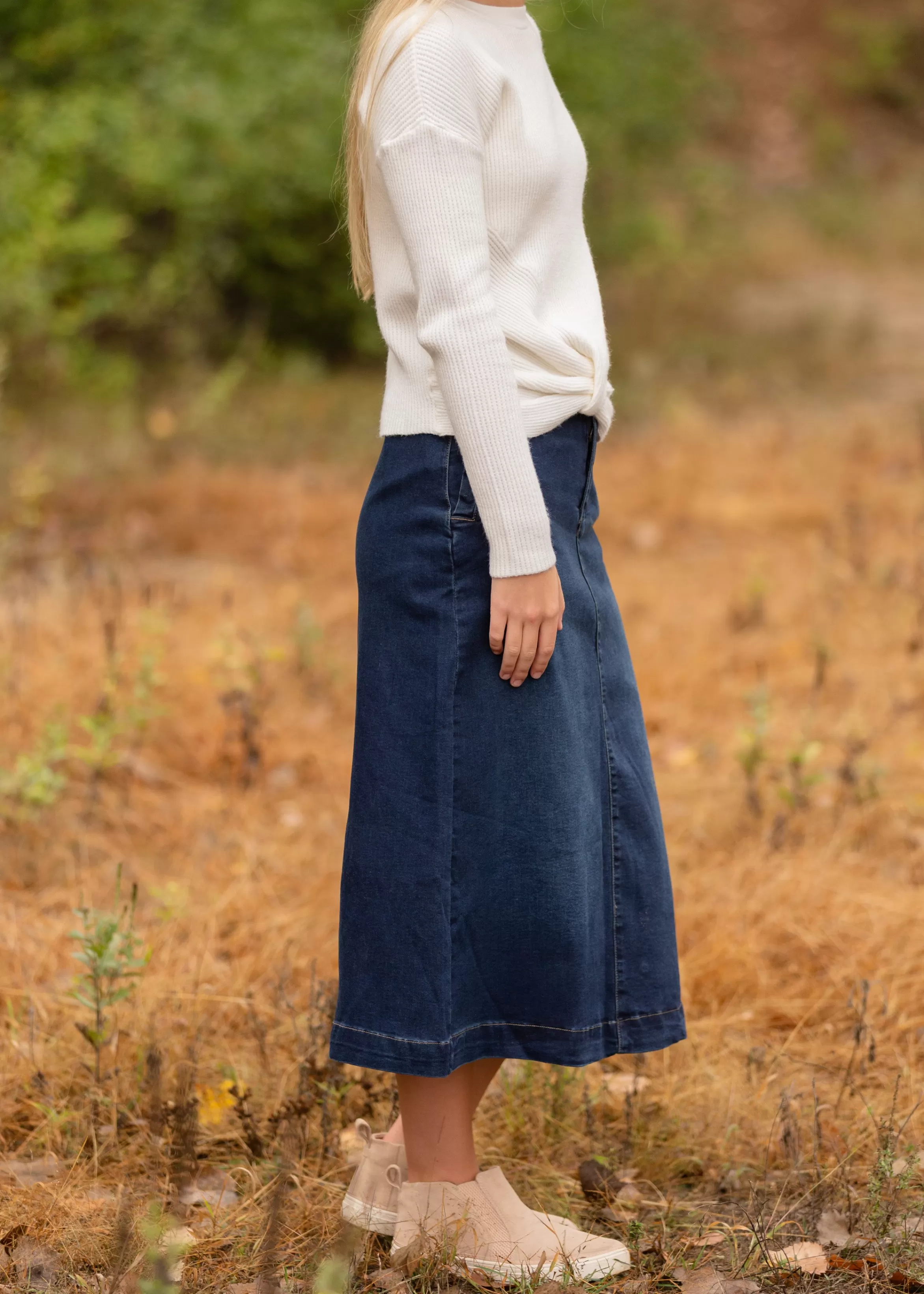 * Caren Back Snap Denim Midi Skirt Sale