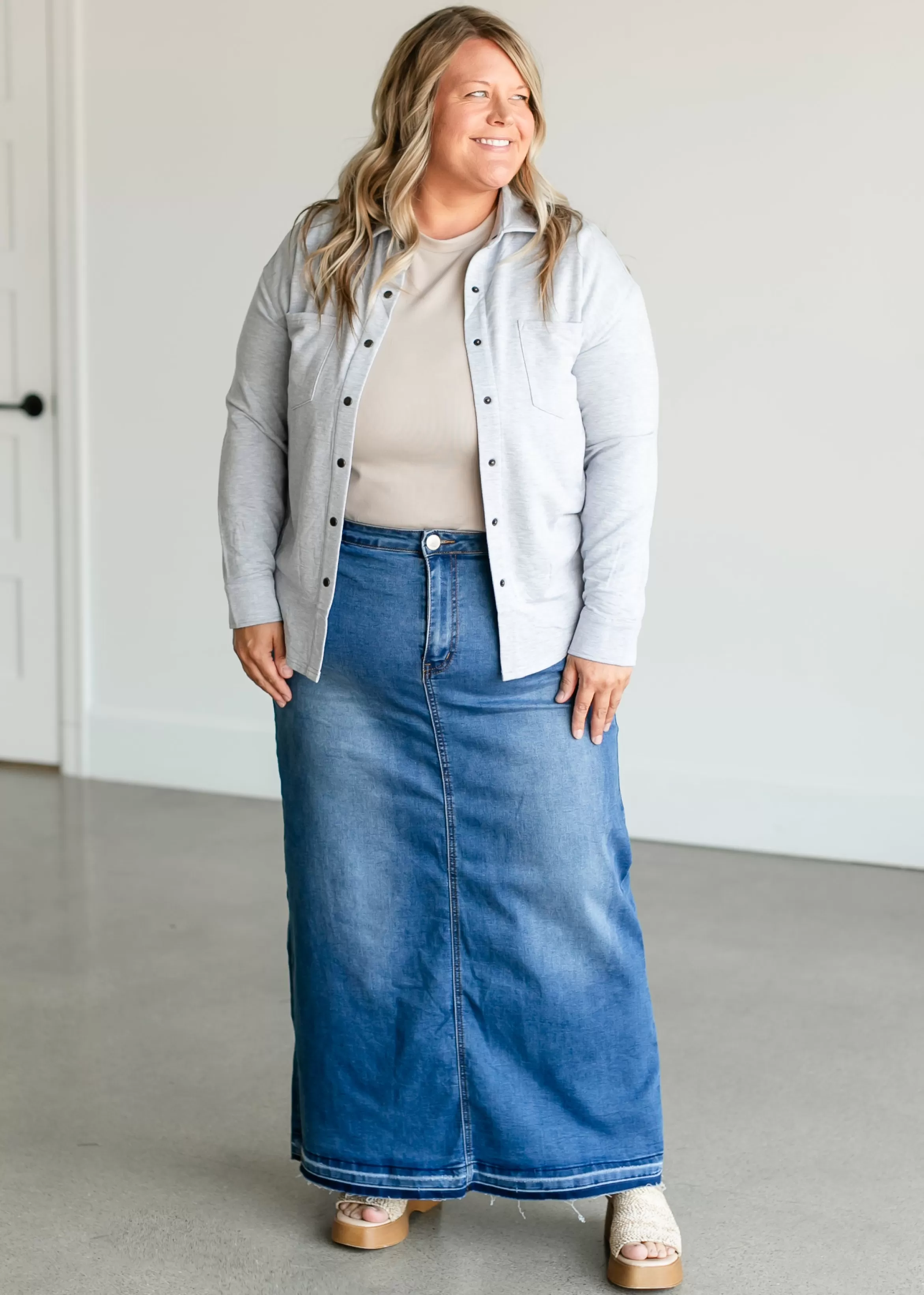 * Cheyenne Distressed Raw Hem Long Denim Skirt Cheap