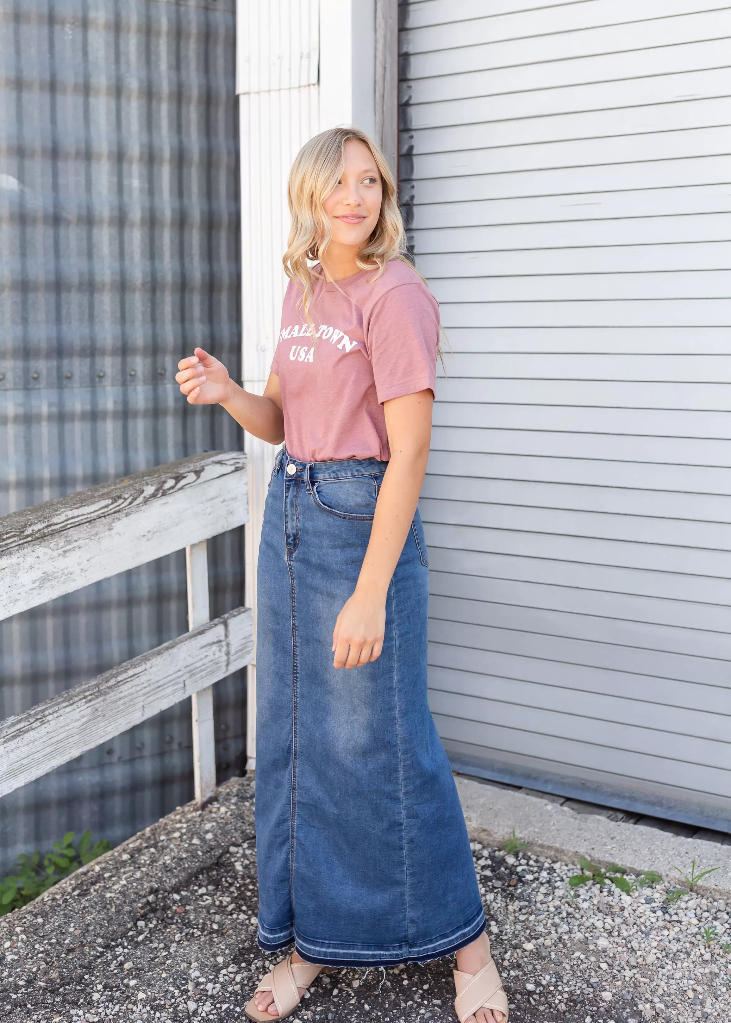 * Cheyenne Distressed Raw Hem Long Denim Skirt Cheap