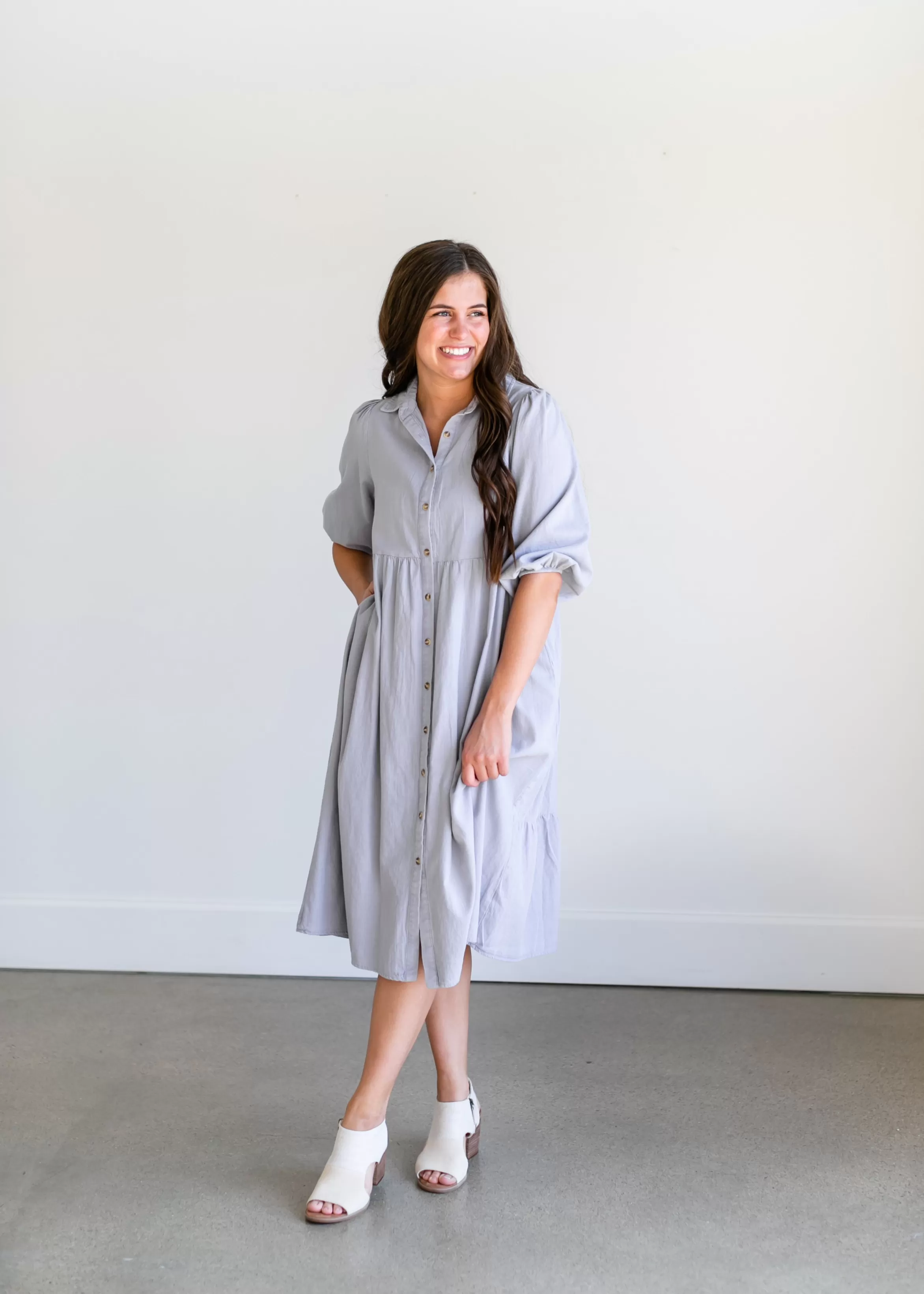 Polagram Collared Denim Midi Shirt Dress Sale
