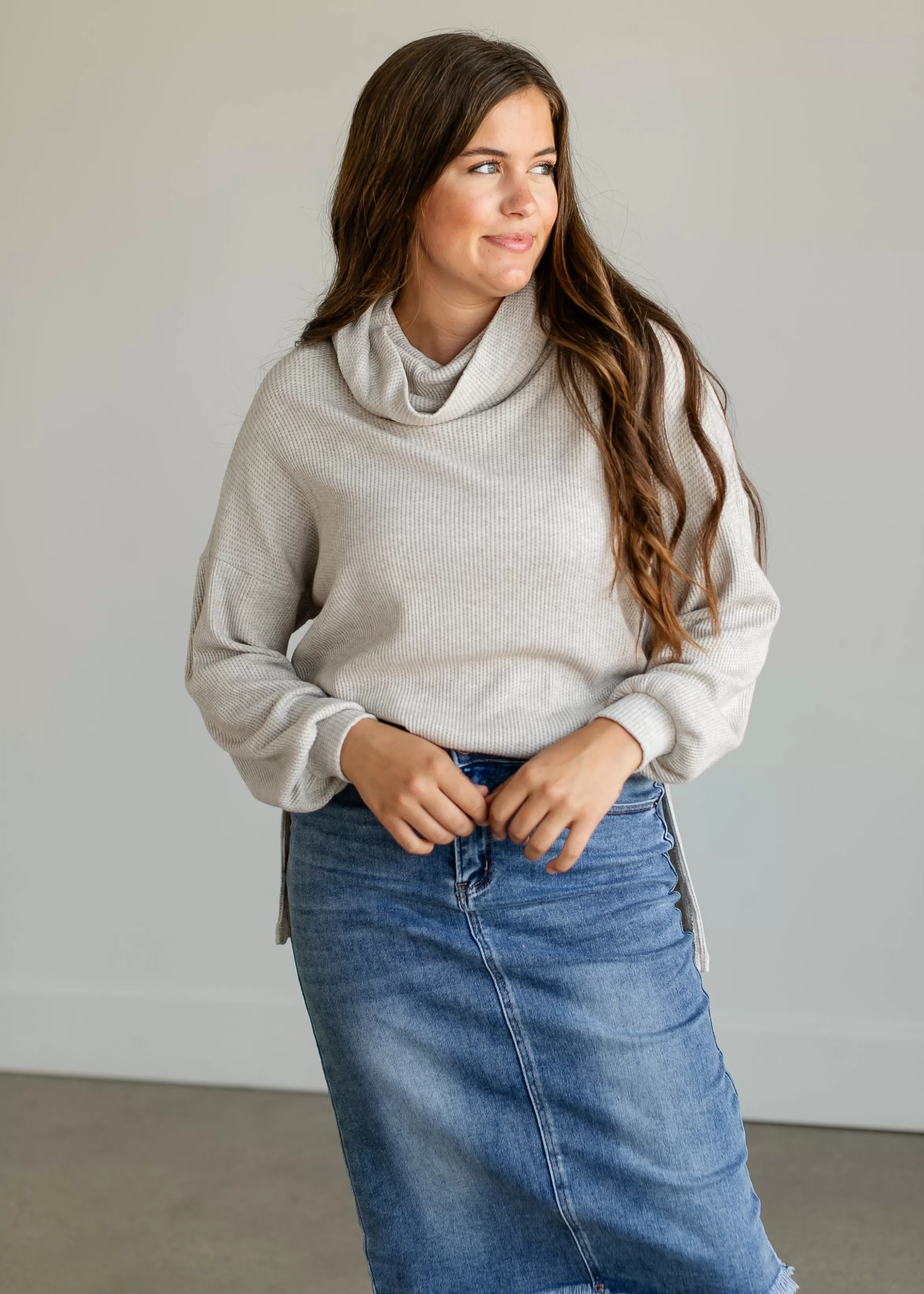 Staccato Cowl Neck Knit Waffle Top Fashion