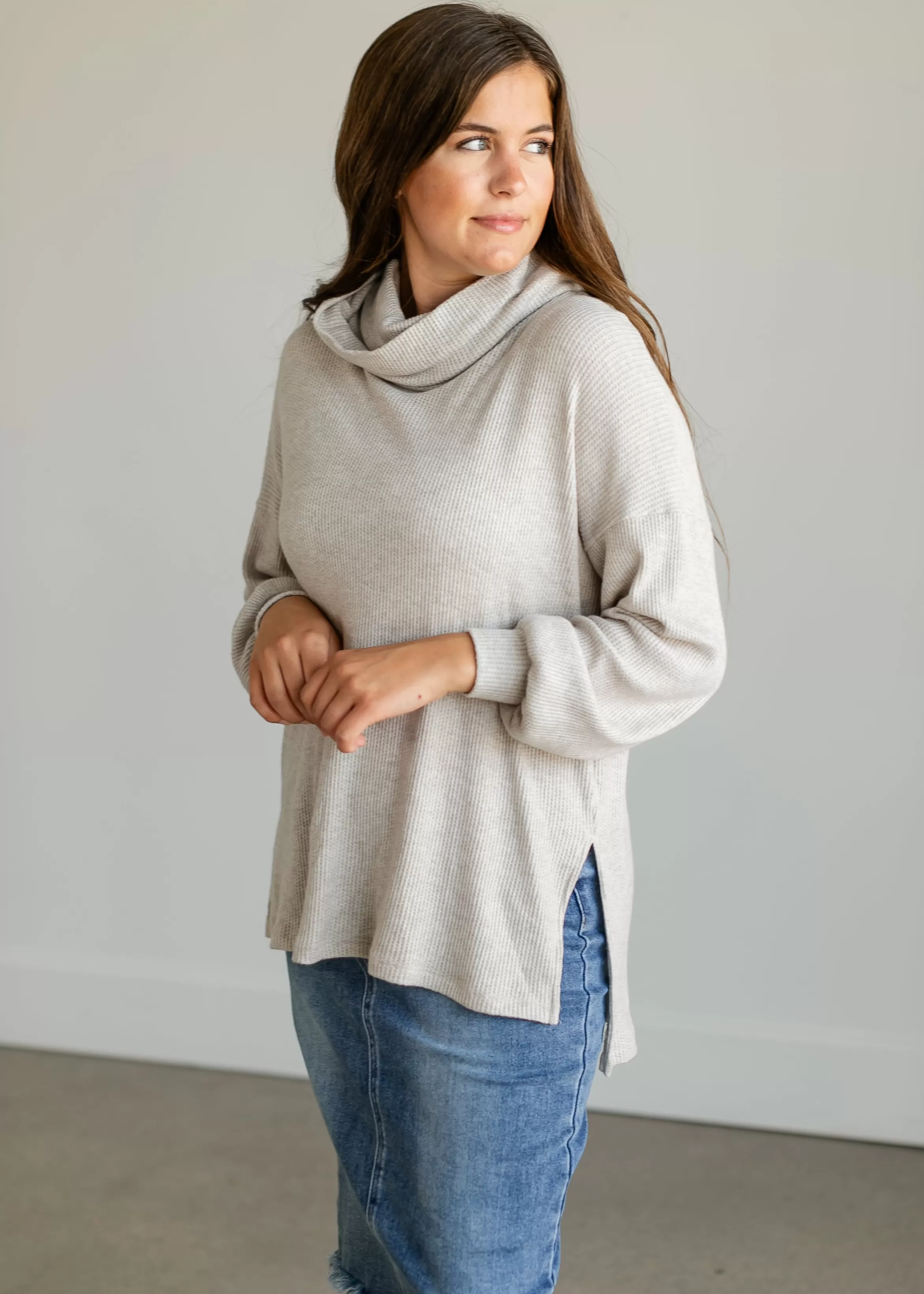 Staccato Cowl Neck Knit Waffle Top Fashion