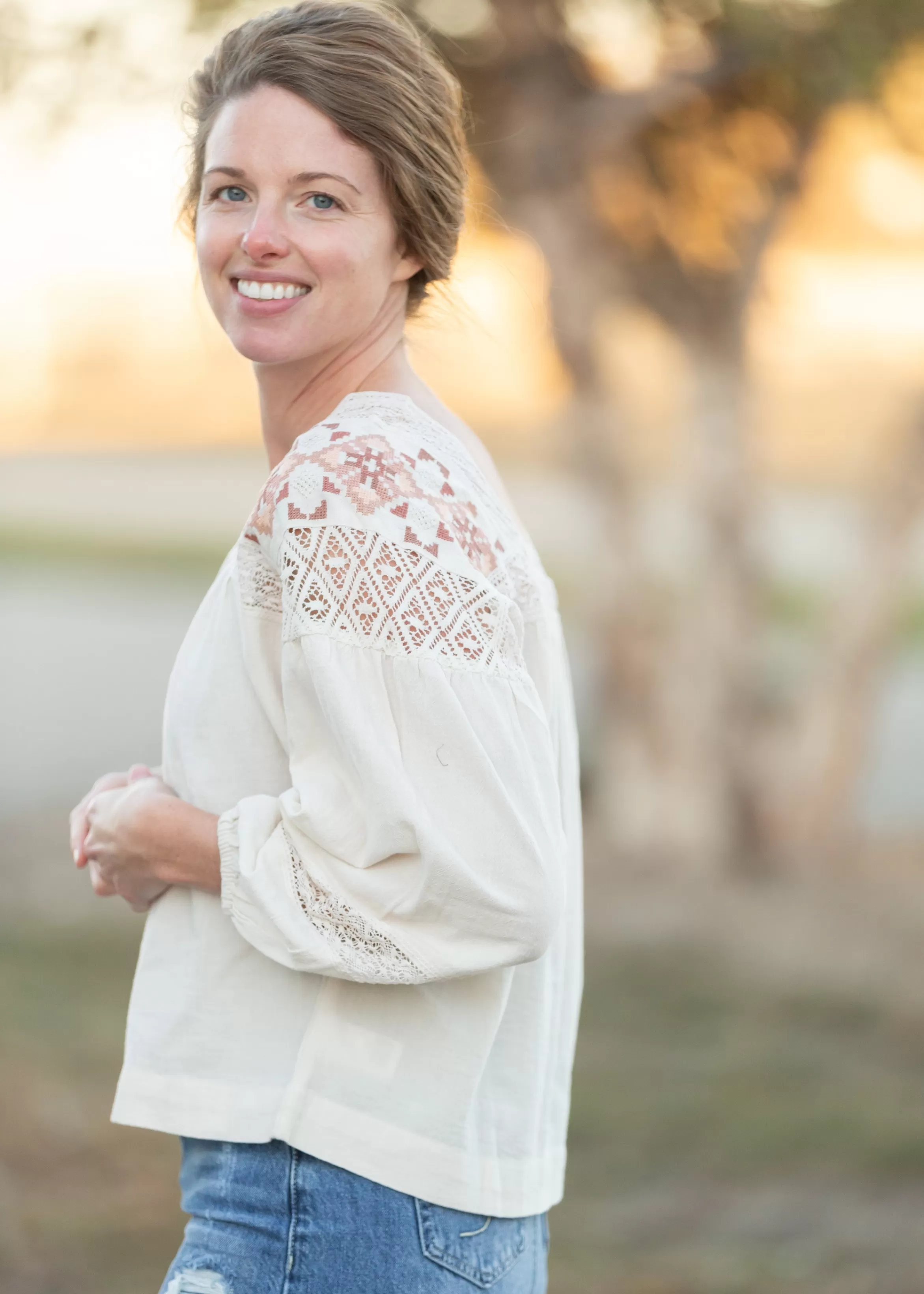 Lucky Brand Cream Embroidered Shoulder Top Discount