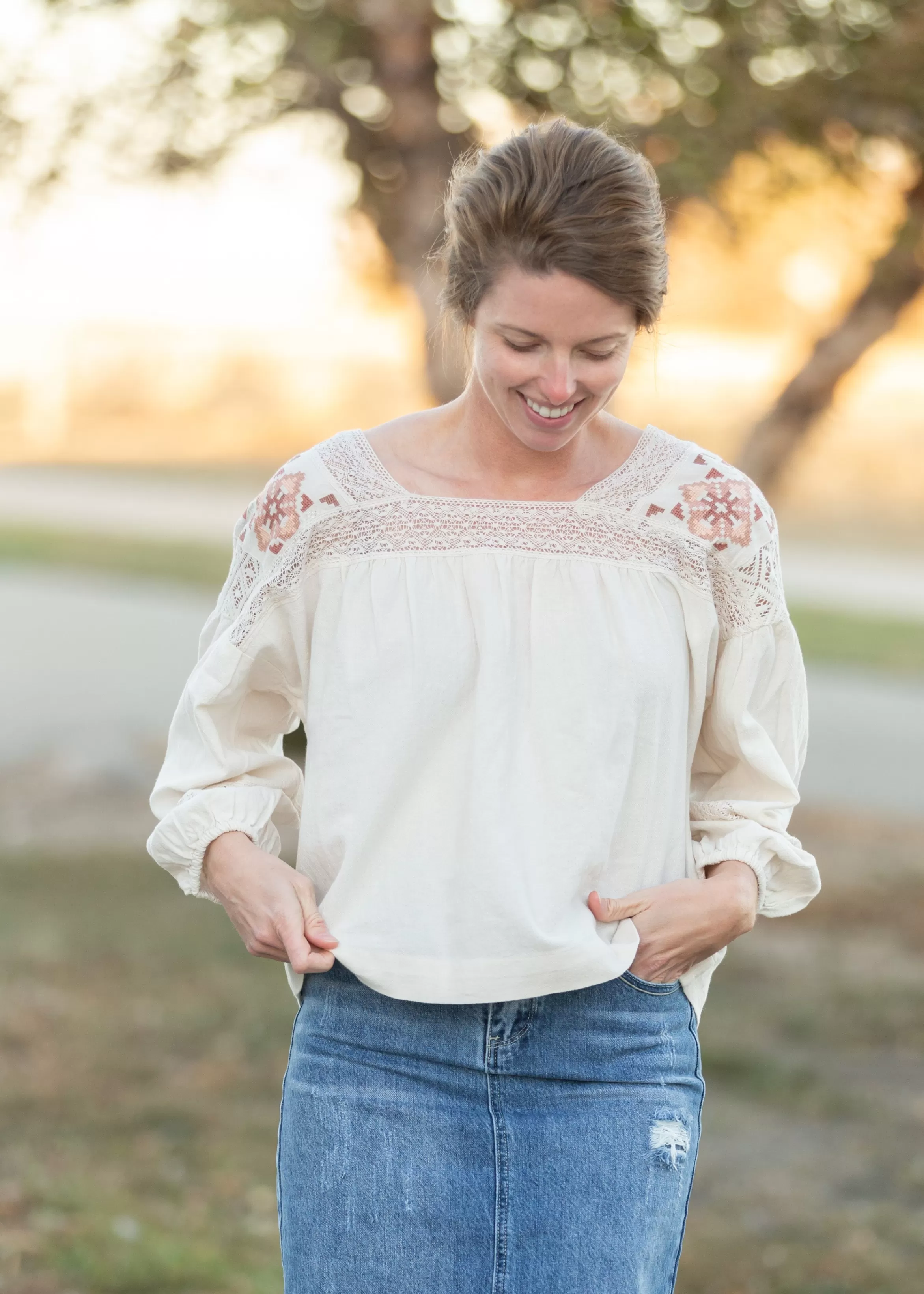 Lucky Brand Cream Embroidered Shoulder Top Discount