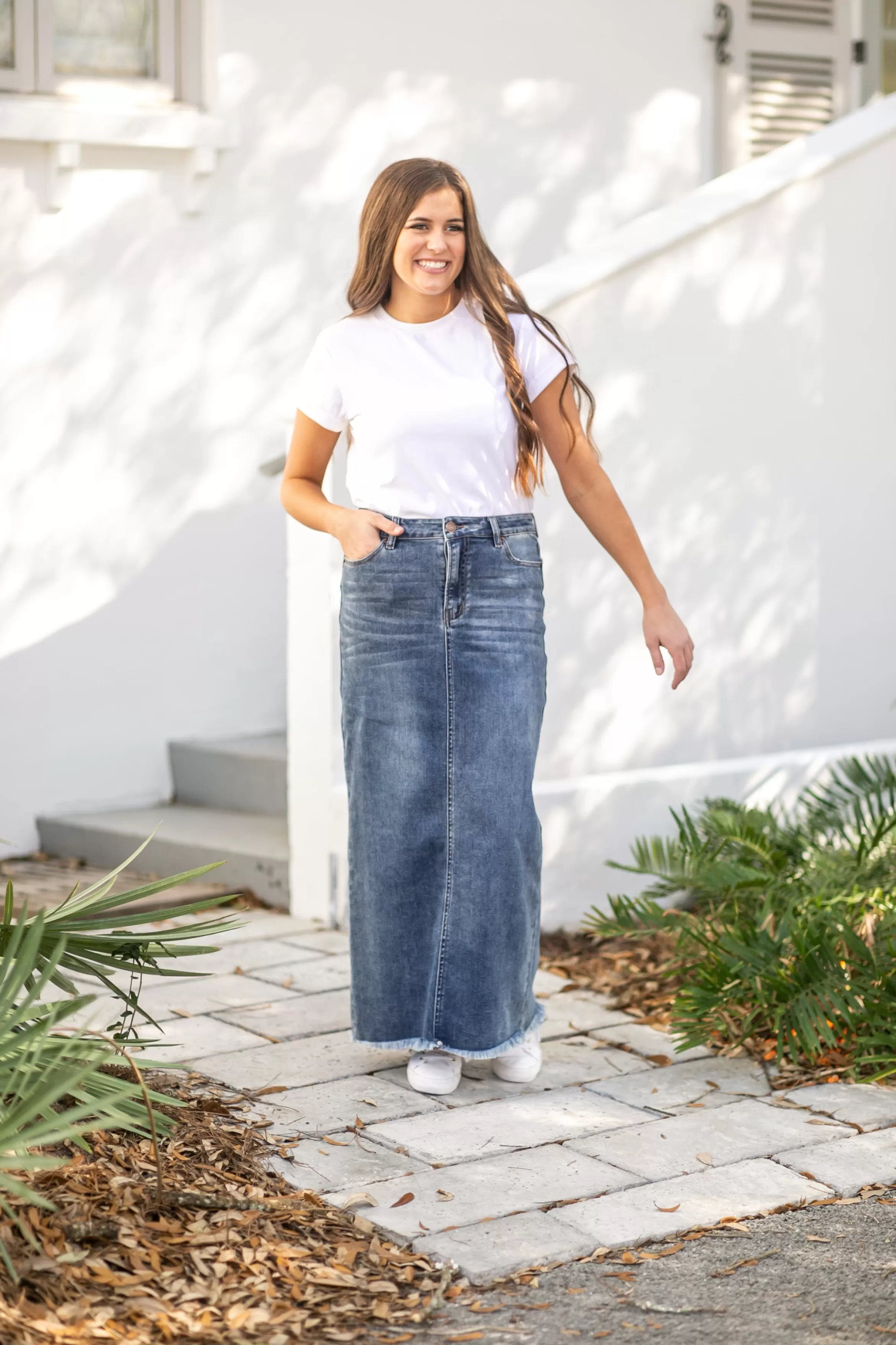* Dakotah Raw Hem Long Denim Skirt Sale