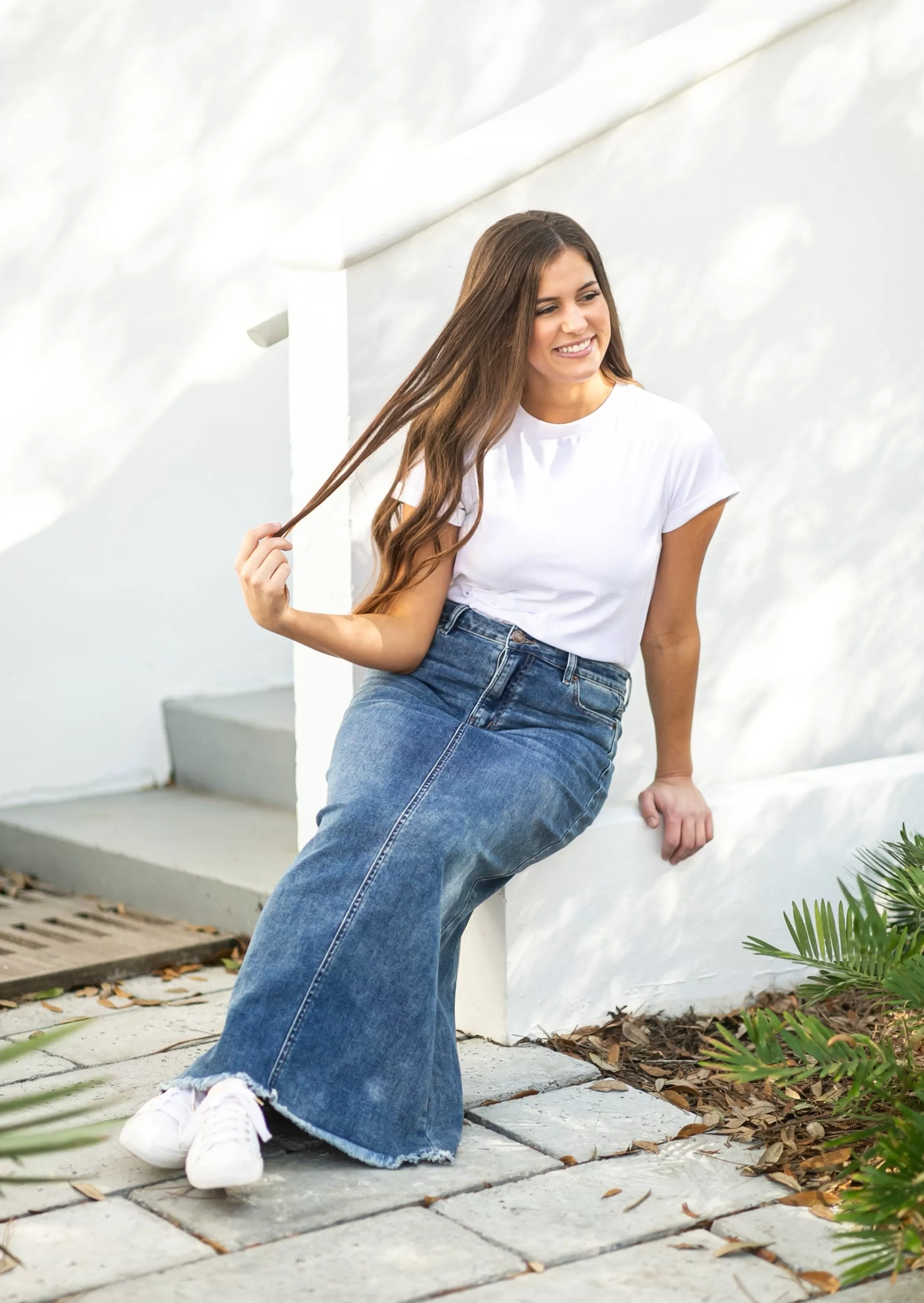 * Dakotah Raw Hem Long Denim Skirt Sale