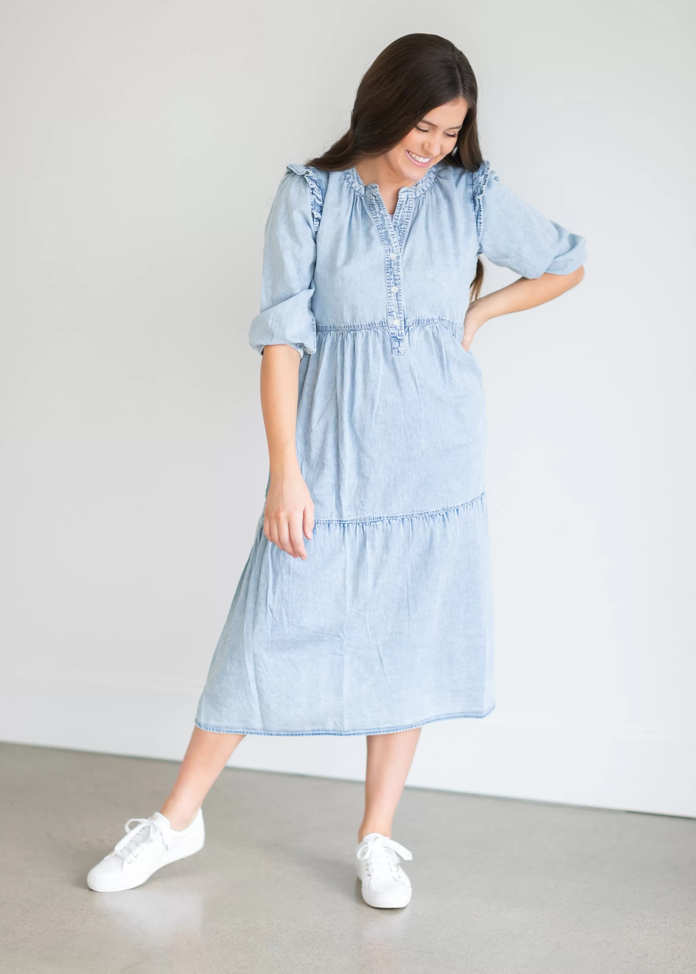 THML Denim 3/4 Sleeve Tiered Midi Dress Cheap