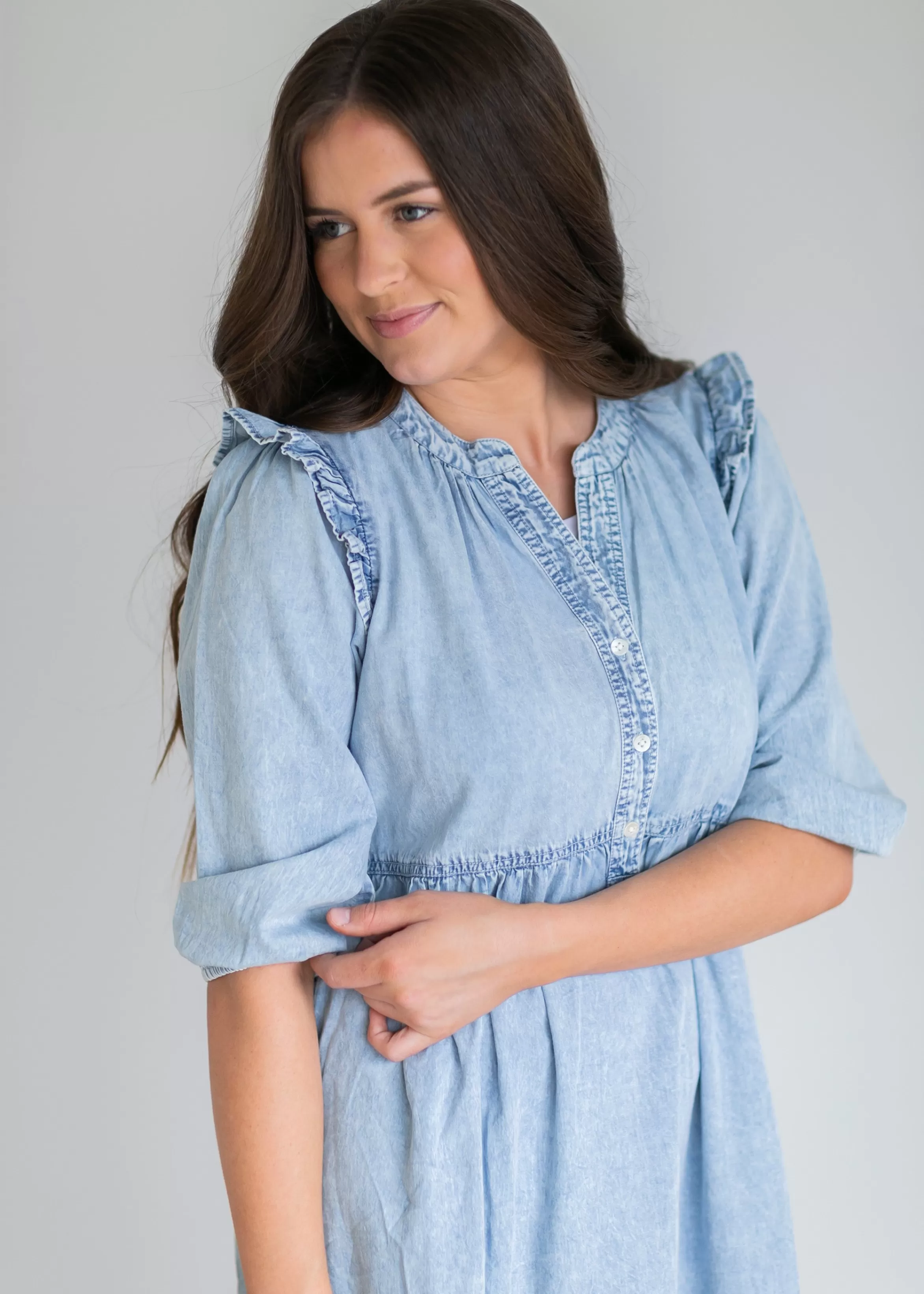 THML Denim 3/4 Sleeve Tiered Midi Dress Cheap