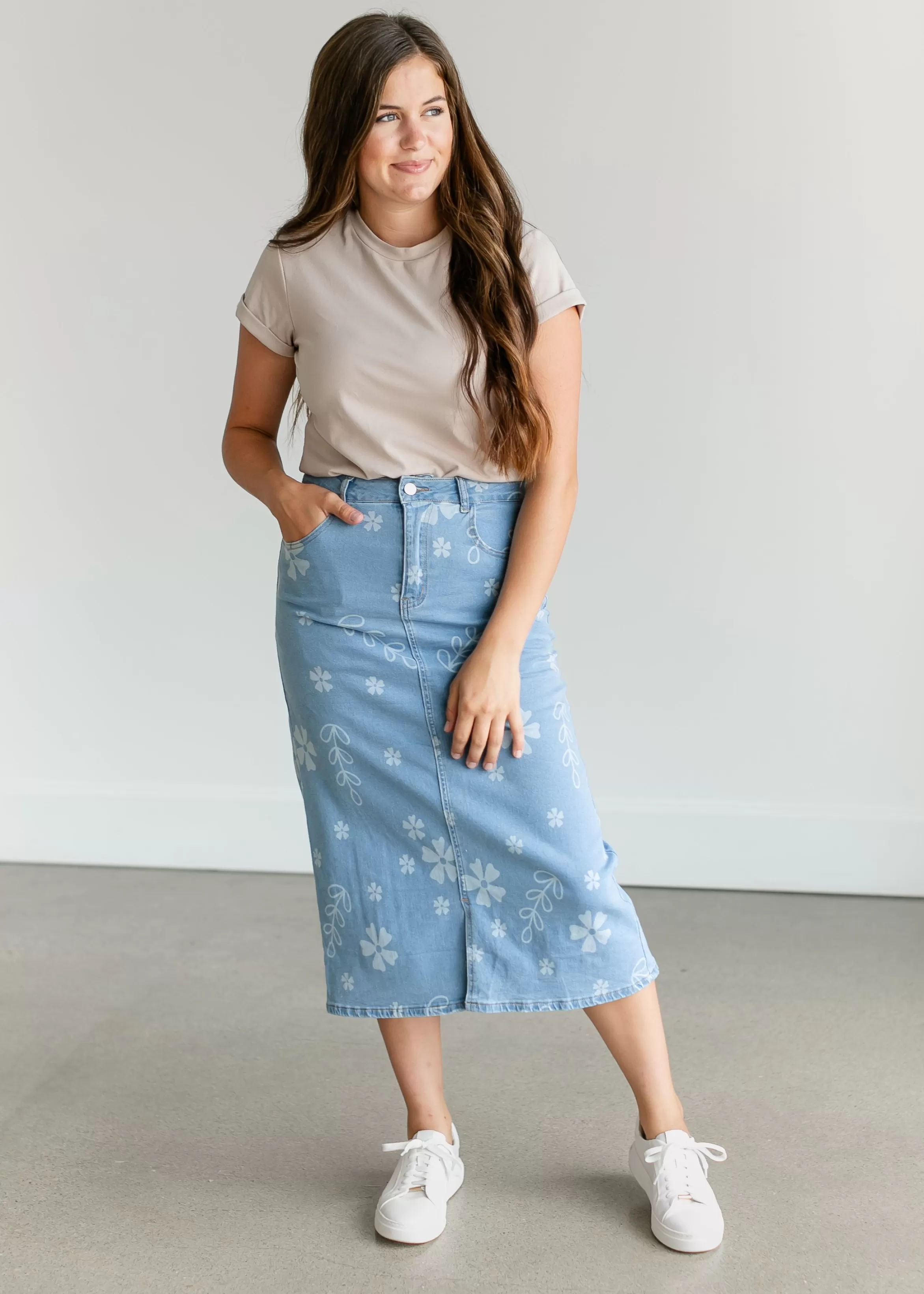 Polagram + BaeVely Denim Floral Midi Skirt Store