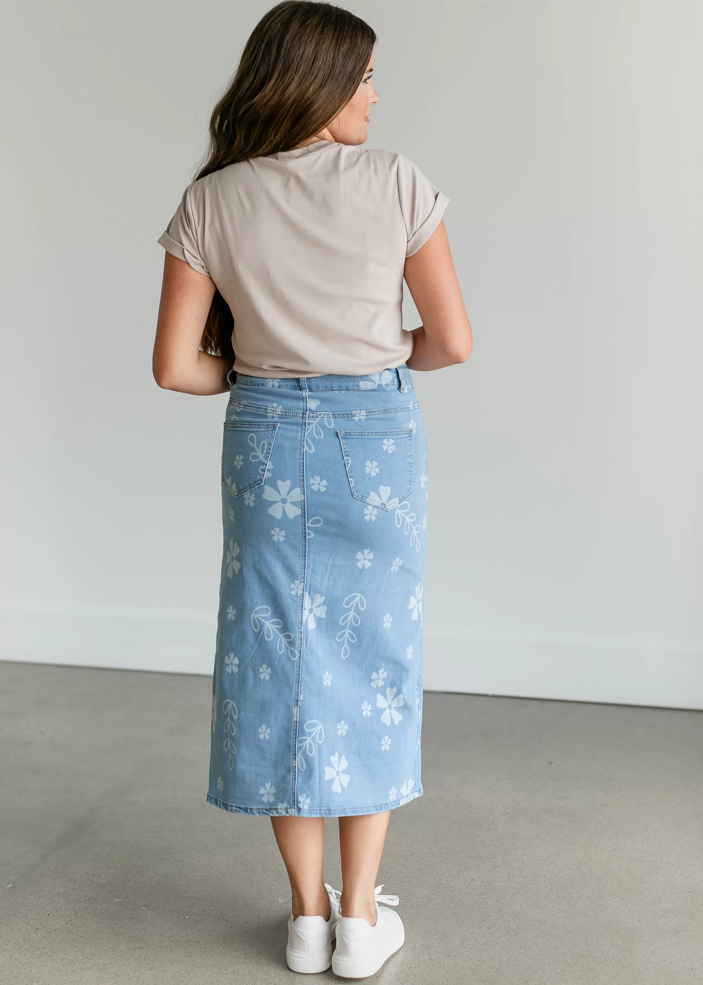Polagram + BaeVely Denim Floral Midi Skirt Store