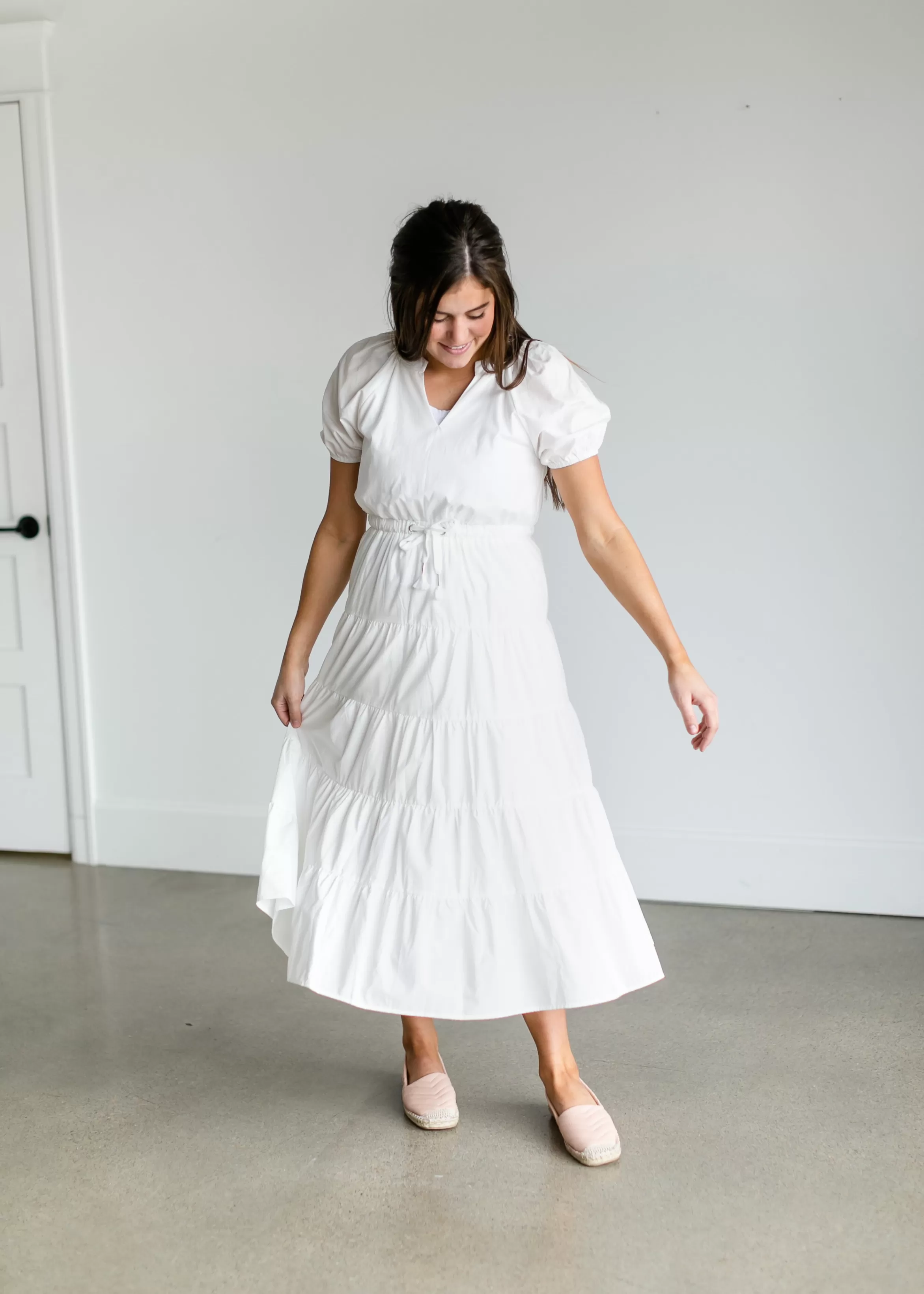 Paper Crane Drawstring Waist White V Neck Maxi Dress Best Sale