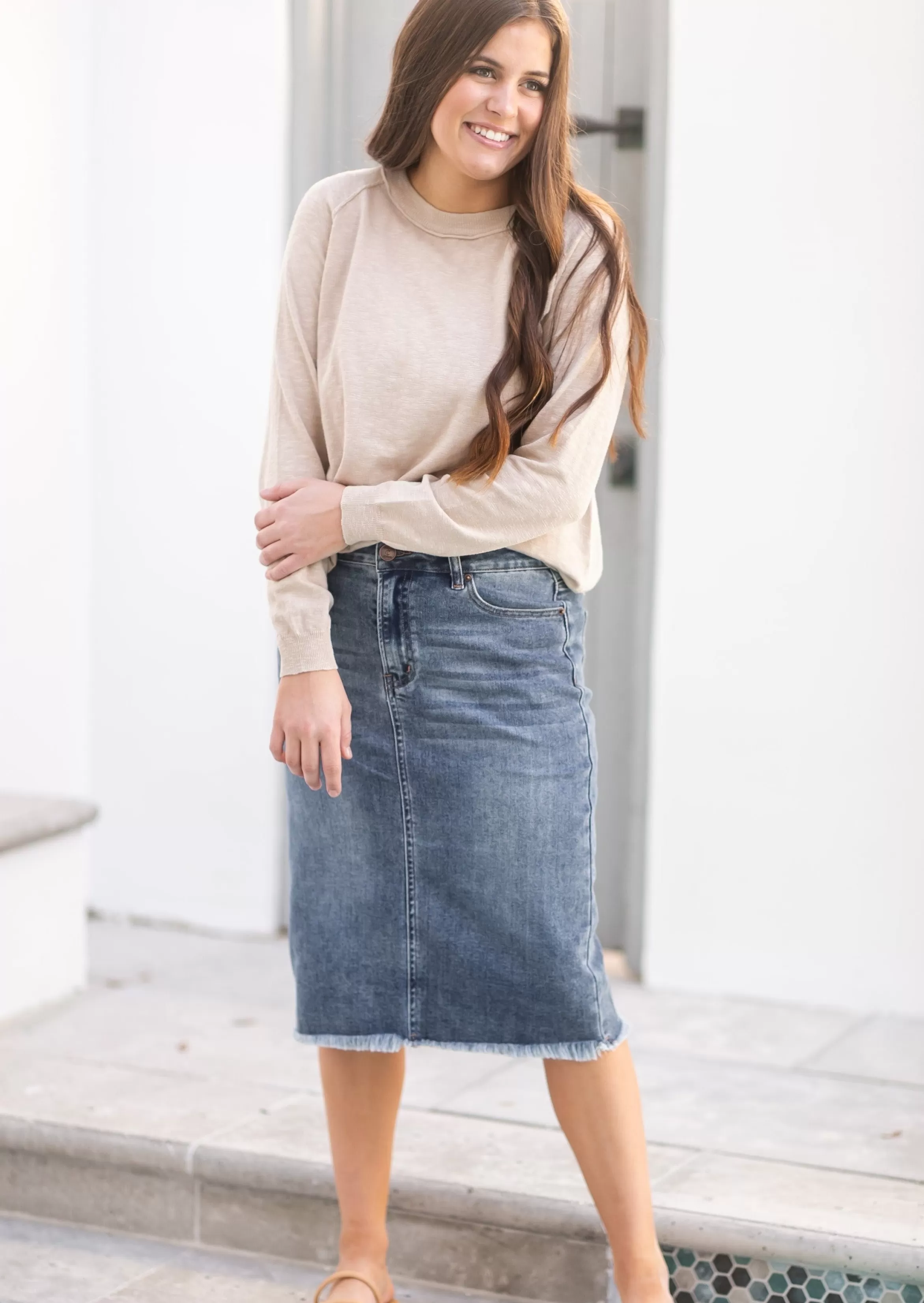 * Drew Raw Hem Midi Denim Skirt Flash Sale