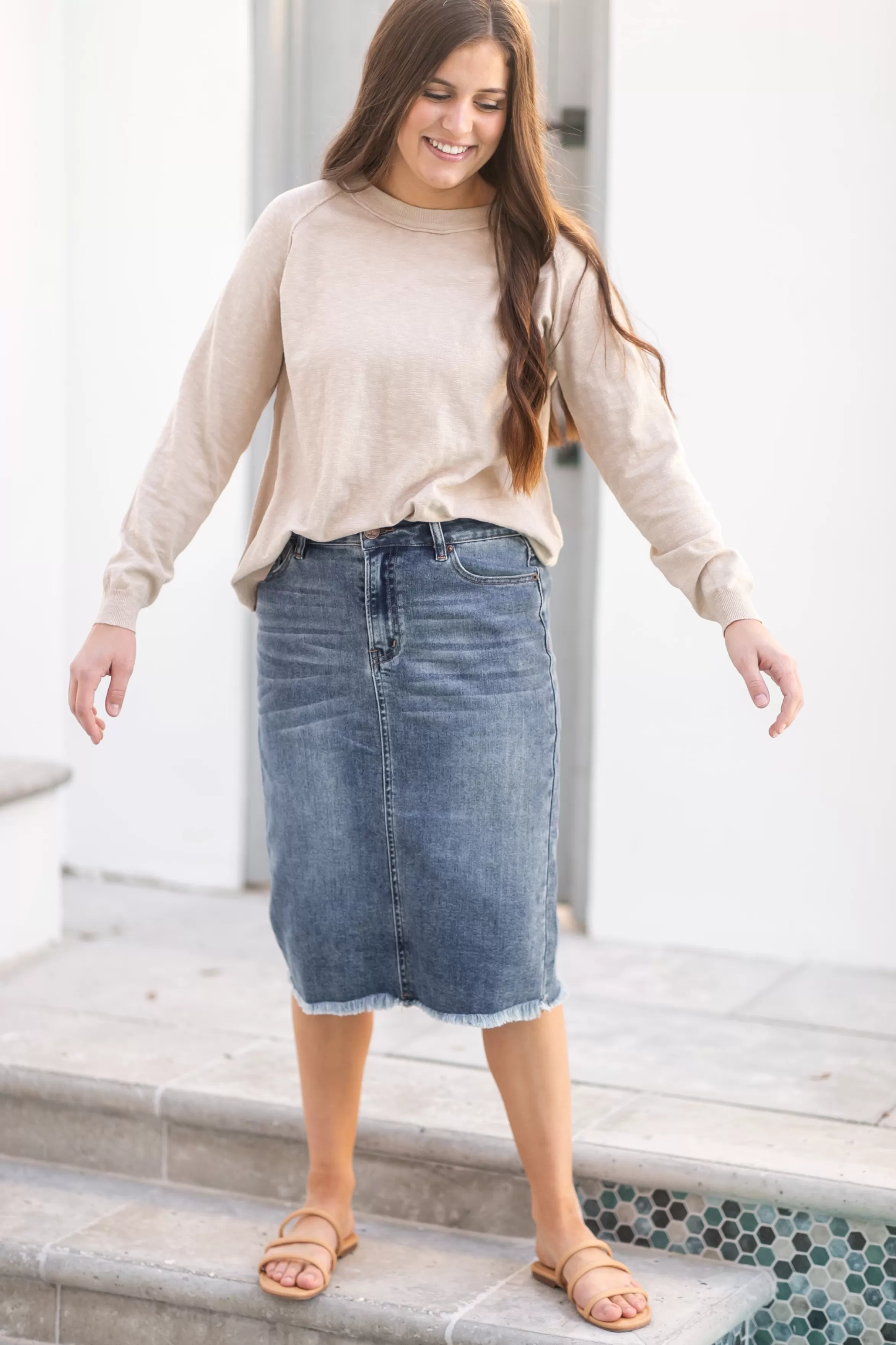 * Drew Raw Hem Midi Denim Skirt Flash Sale