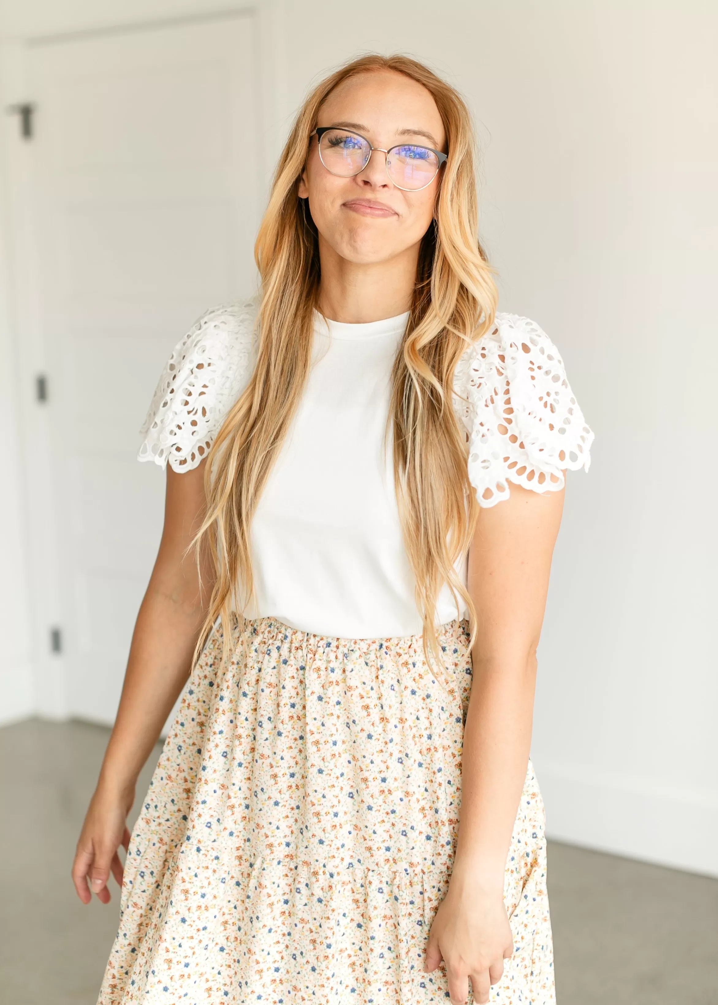 THML Eyelet Lace Sleeve Crewneck Top Best