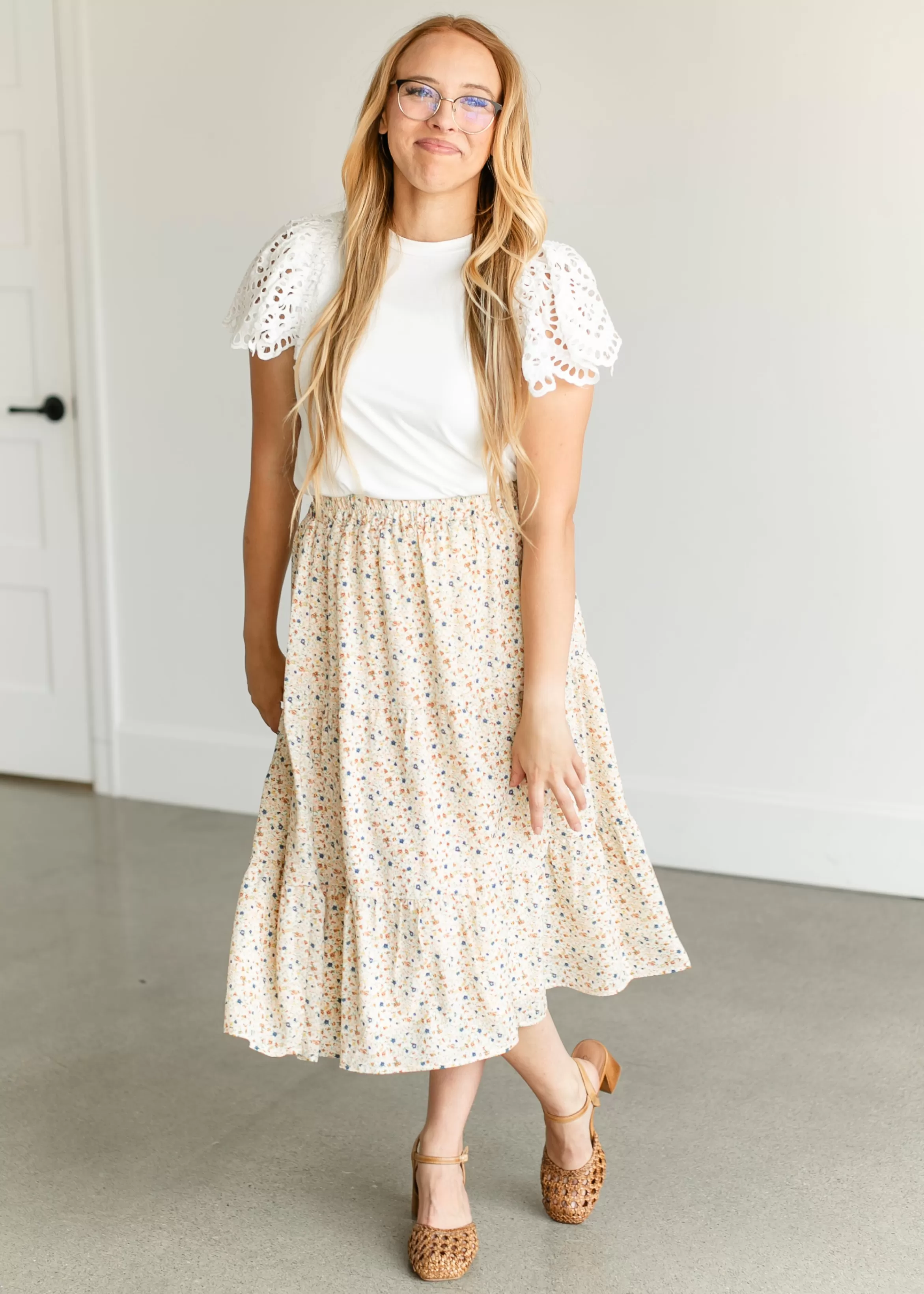 THML Eyelet Lace Sleeve Crewneck Top Best