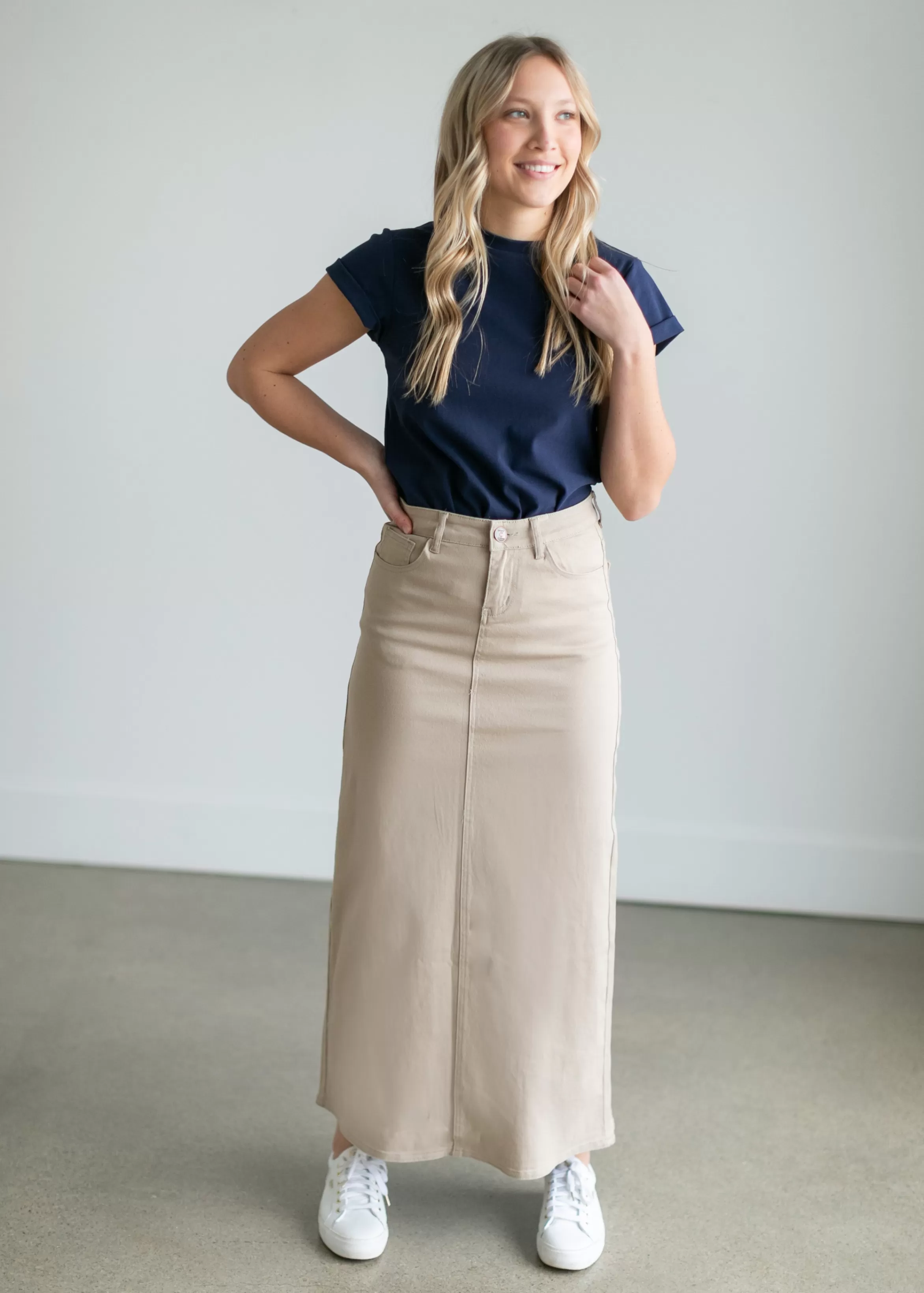 * Faith Khaki Long Denim Maxi Skirt Clearance