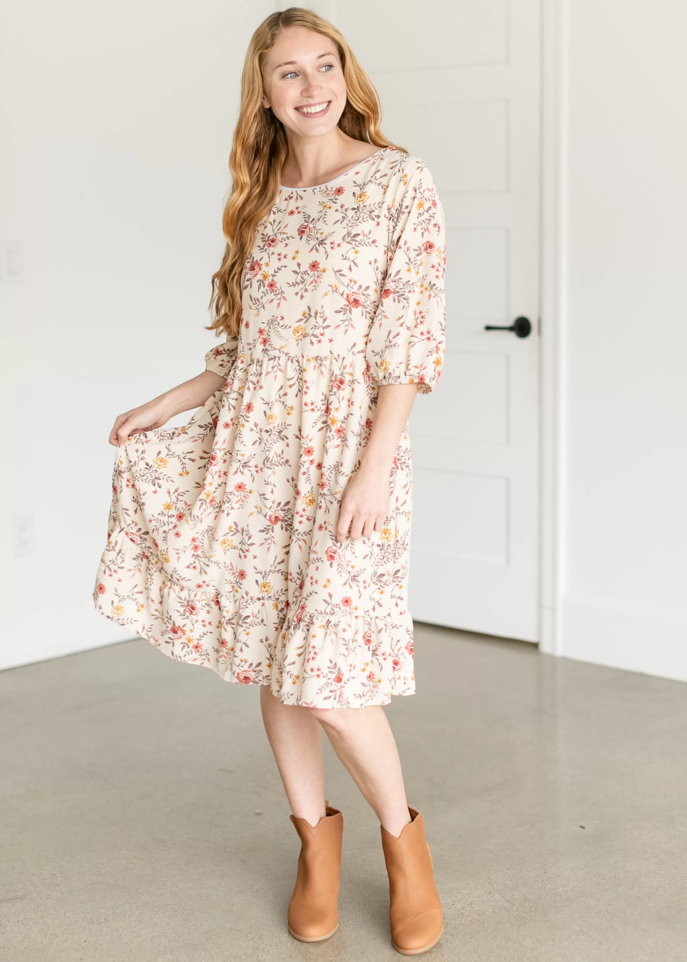 Chris & Carol Apparel Floral 3/4 Sleeve Midi Dress Best