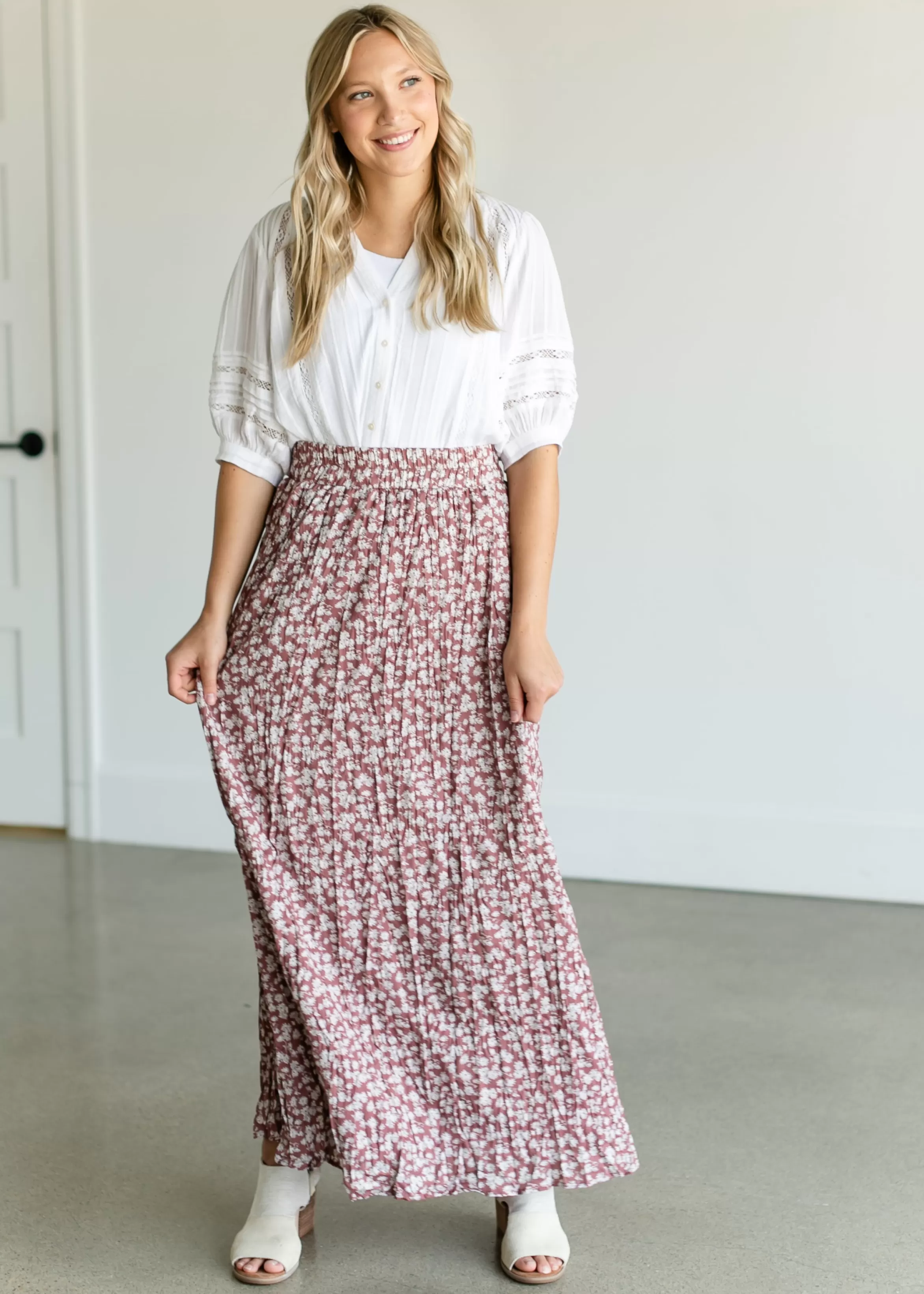 Mikarose Floral Crinkle Pleat Maxi Skirt Fashion