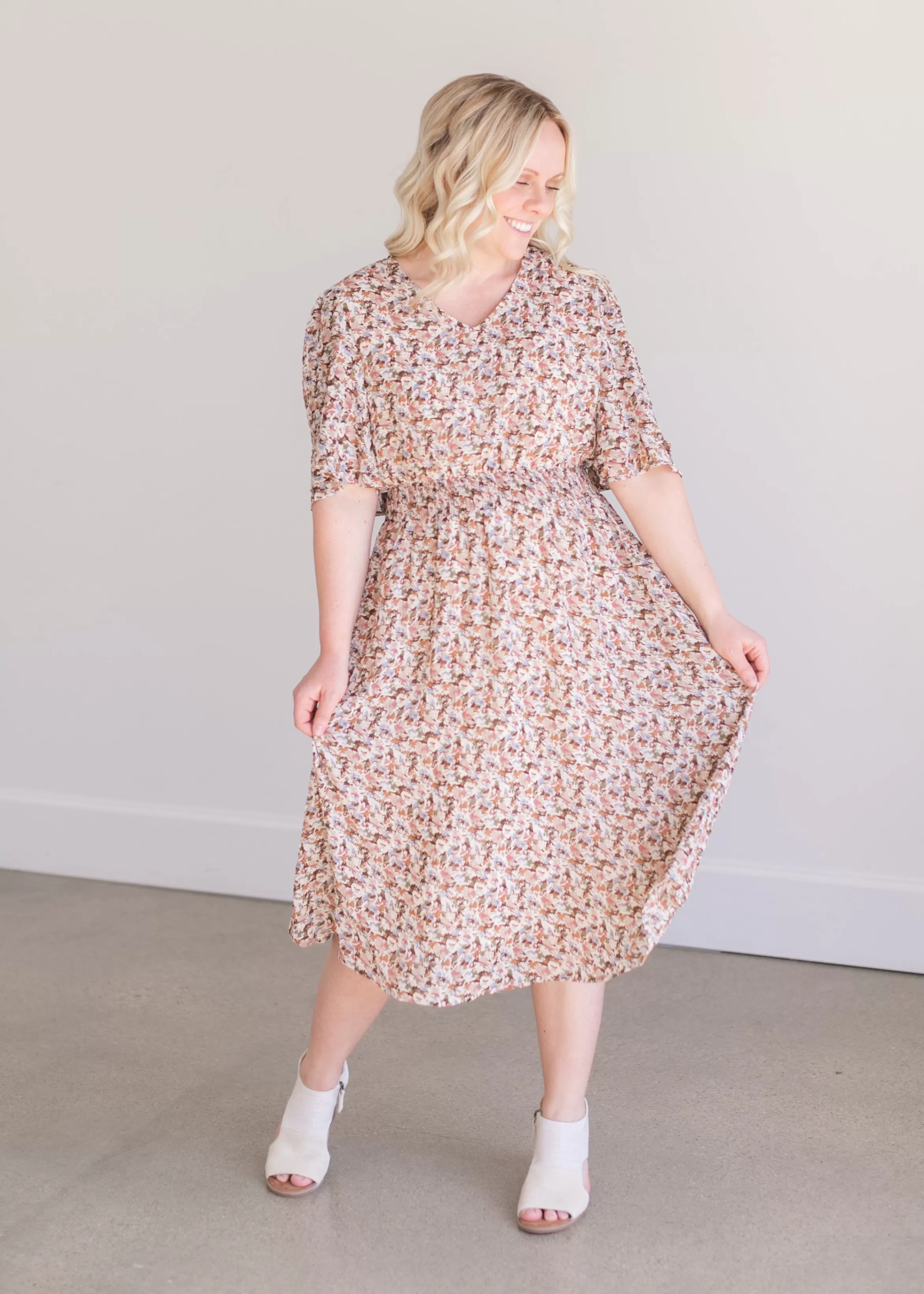 Tea N Rose Floral Print Textured Midi Dress Clearance