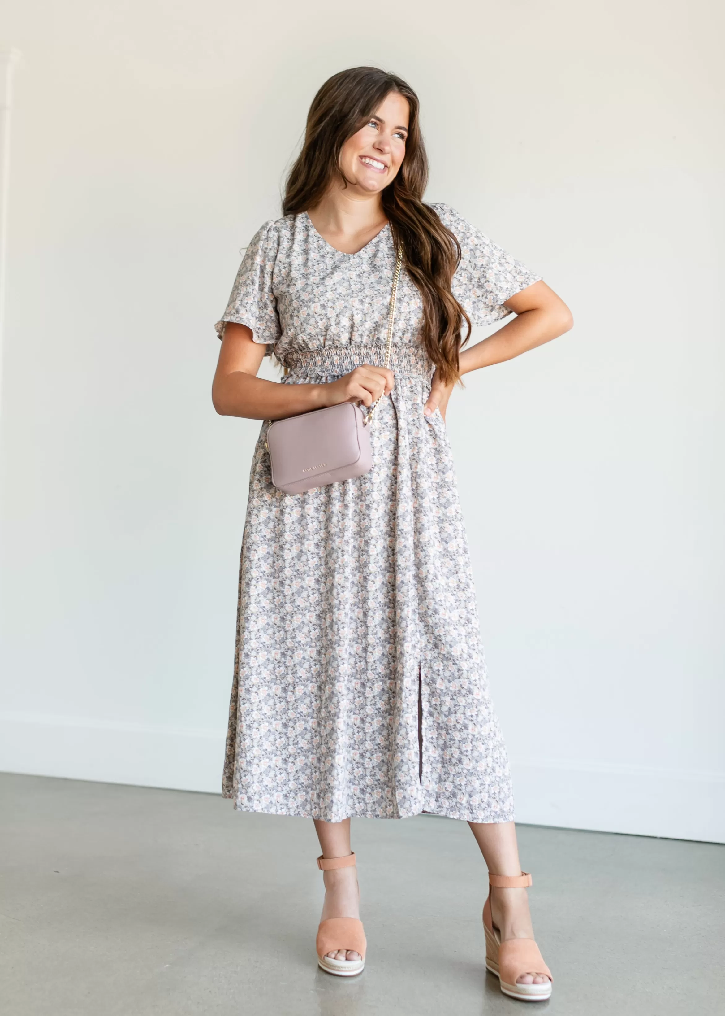 Mikarose Flutter Sleeve V-Neck Floral Midi Dress Shop