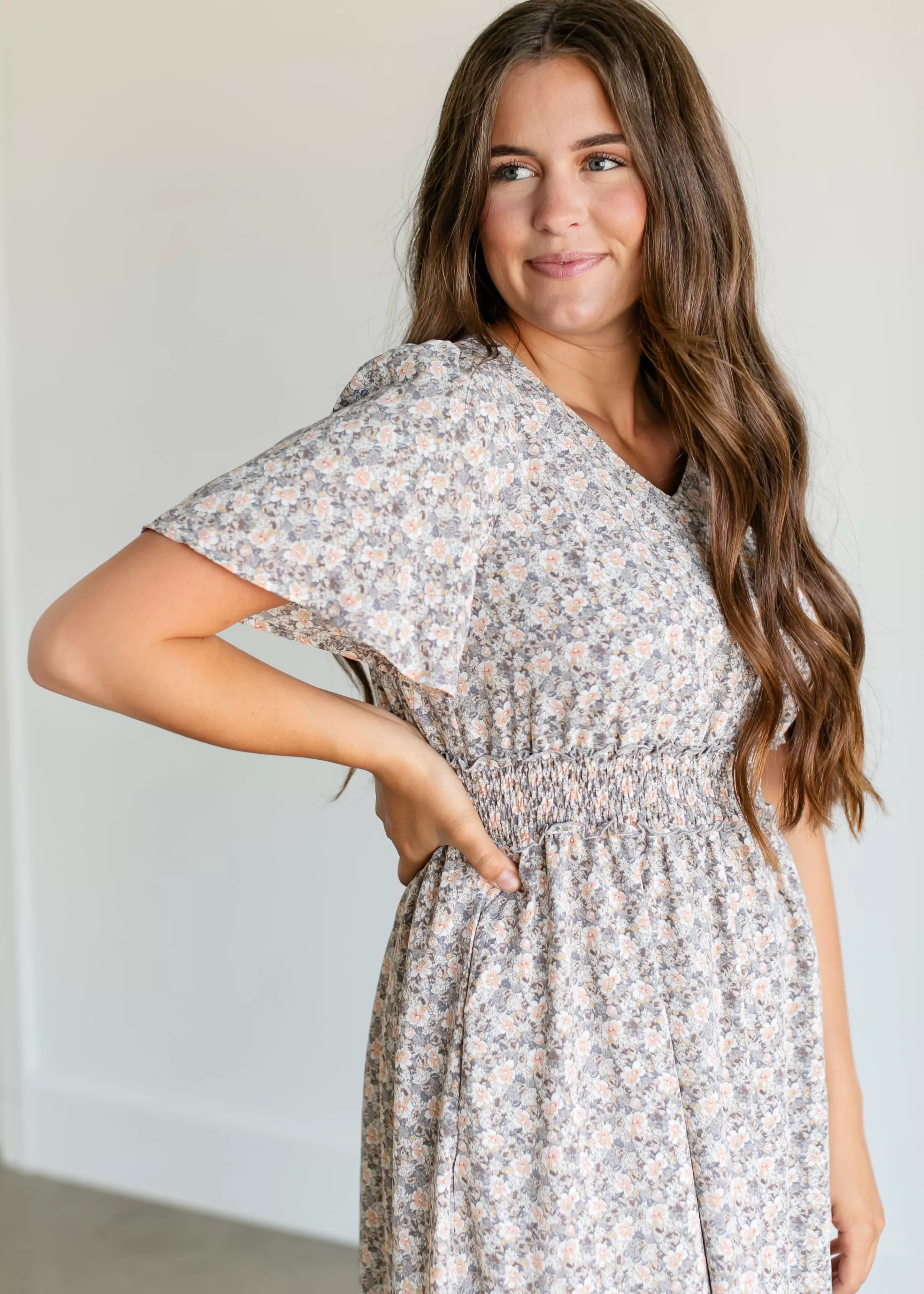Mikarose Flutter Sleeve V-Neck Floral Midi Dress Shop