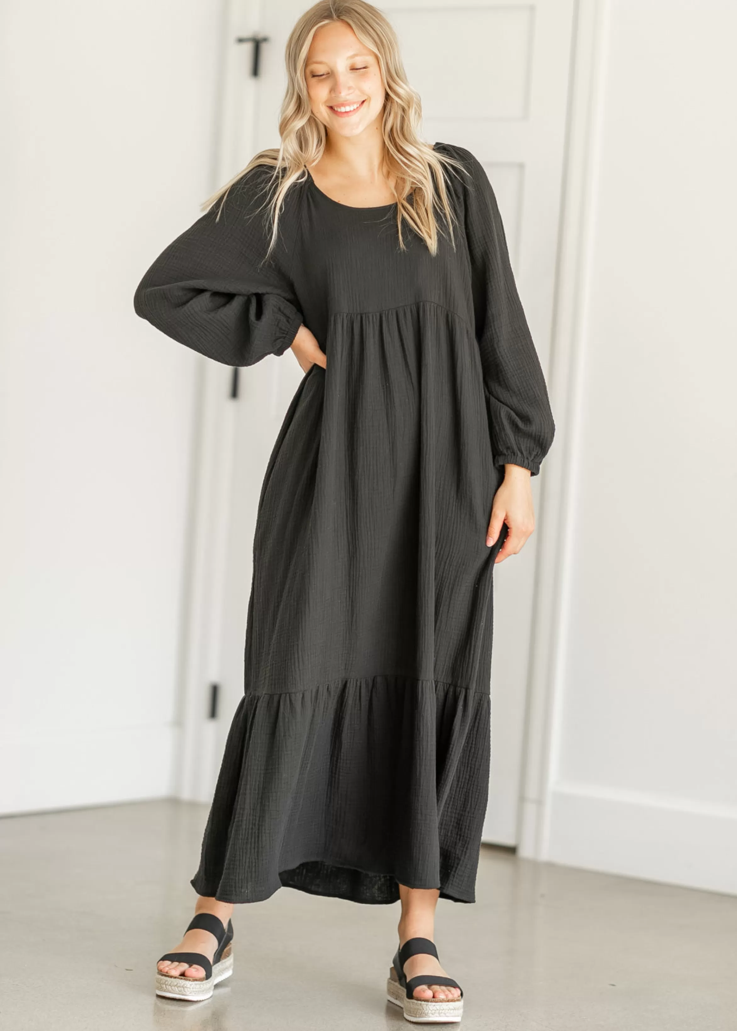 Chris & Carol Apparel Gauze Ruffle Midi Dress Discount