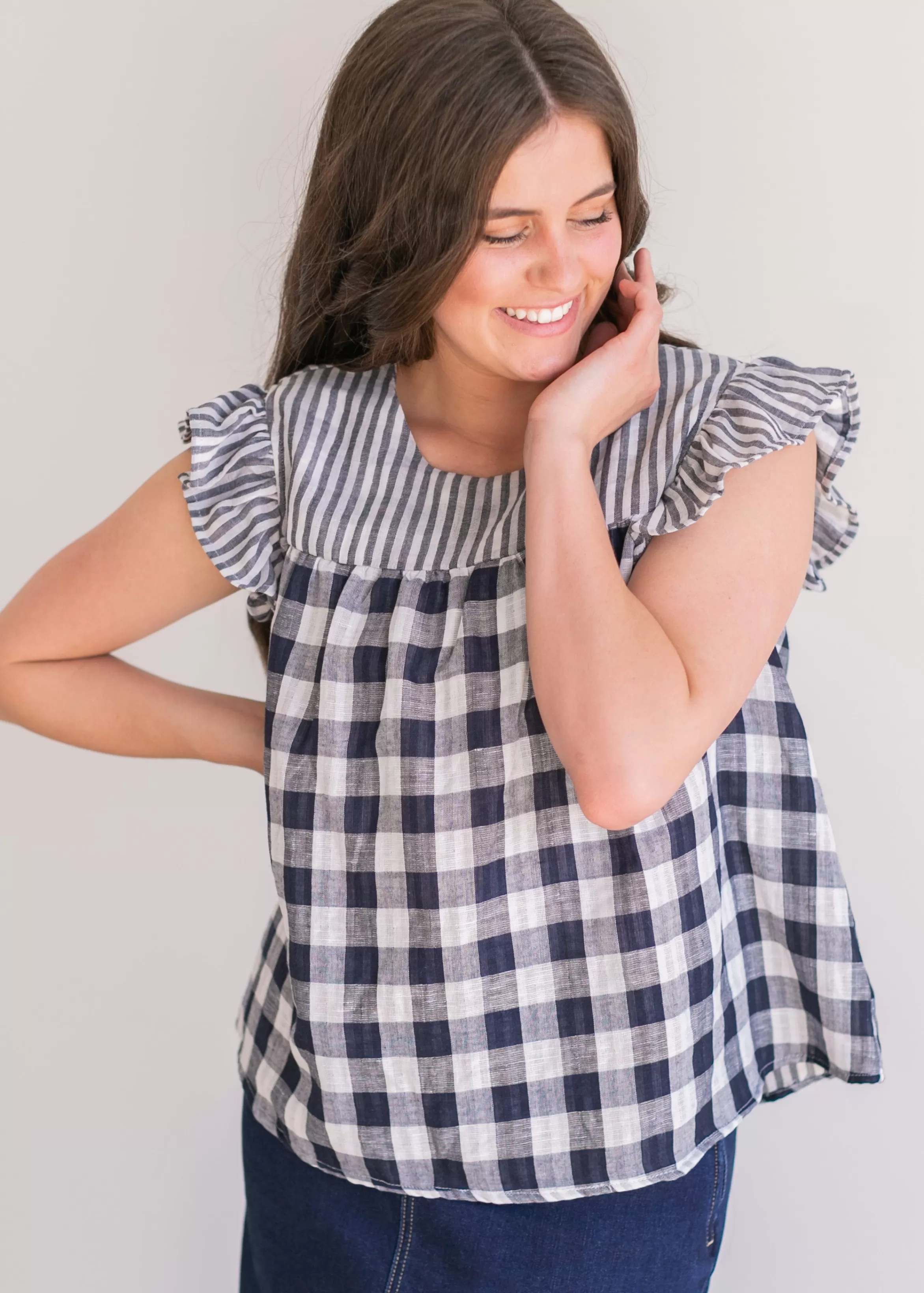 VOY Gingham And Striped Cap Sleeve Top Sale