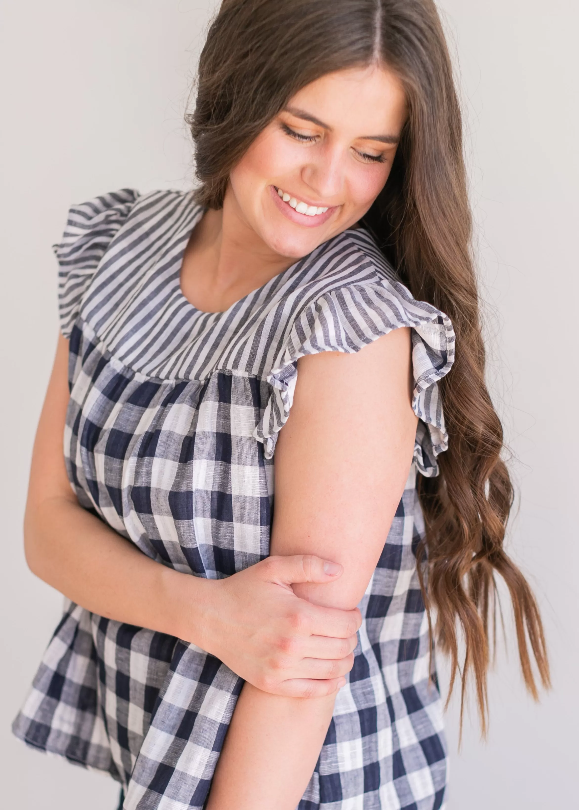 VOY Gingham And Striped Cap Sleeve Top Sale