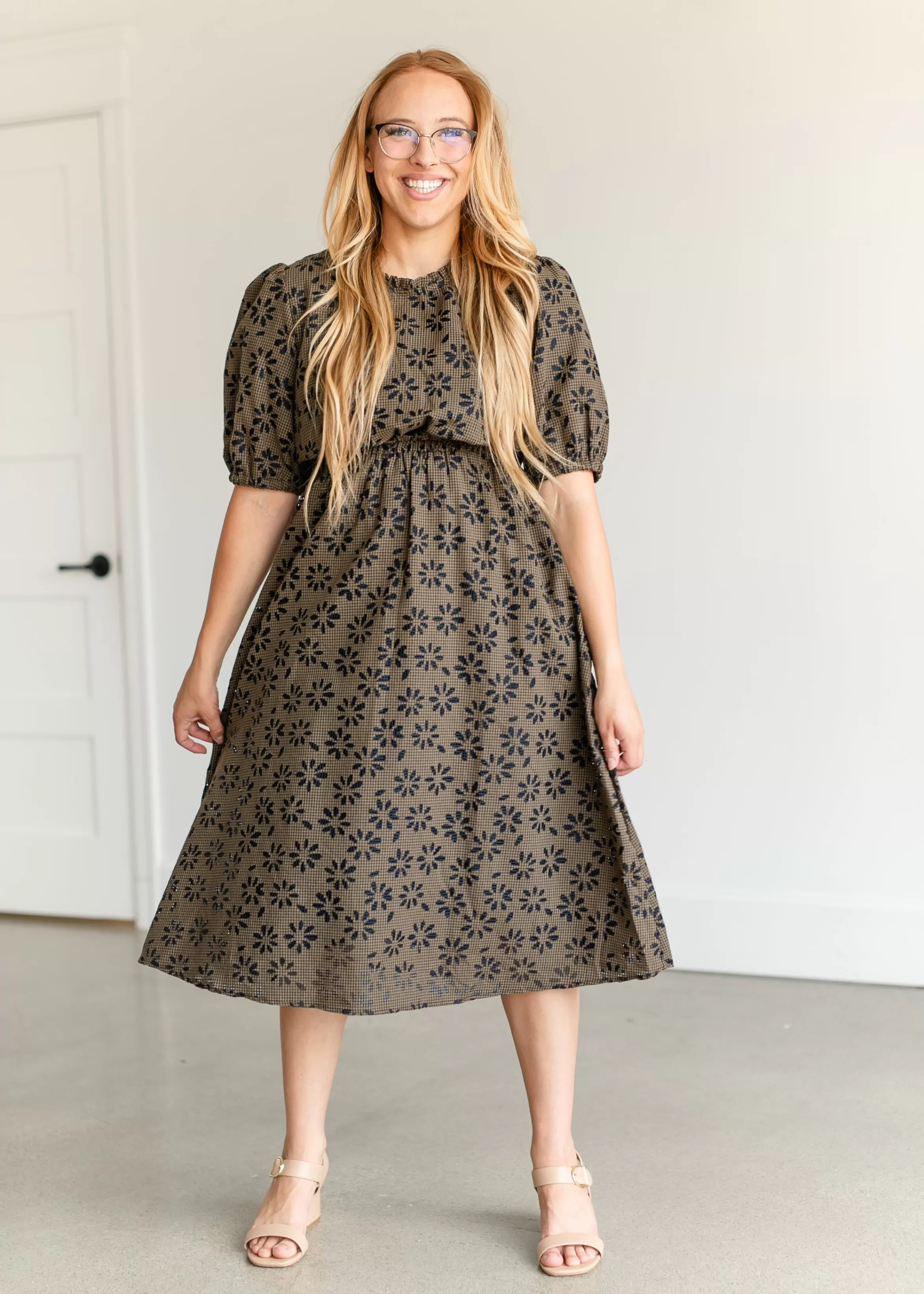 Tea N Rose Gingham Floral Puff Sleeve Midi Dress Clearance