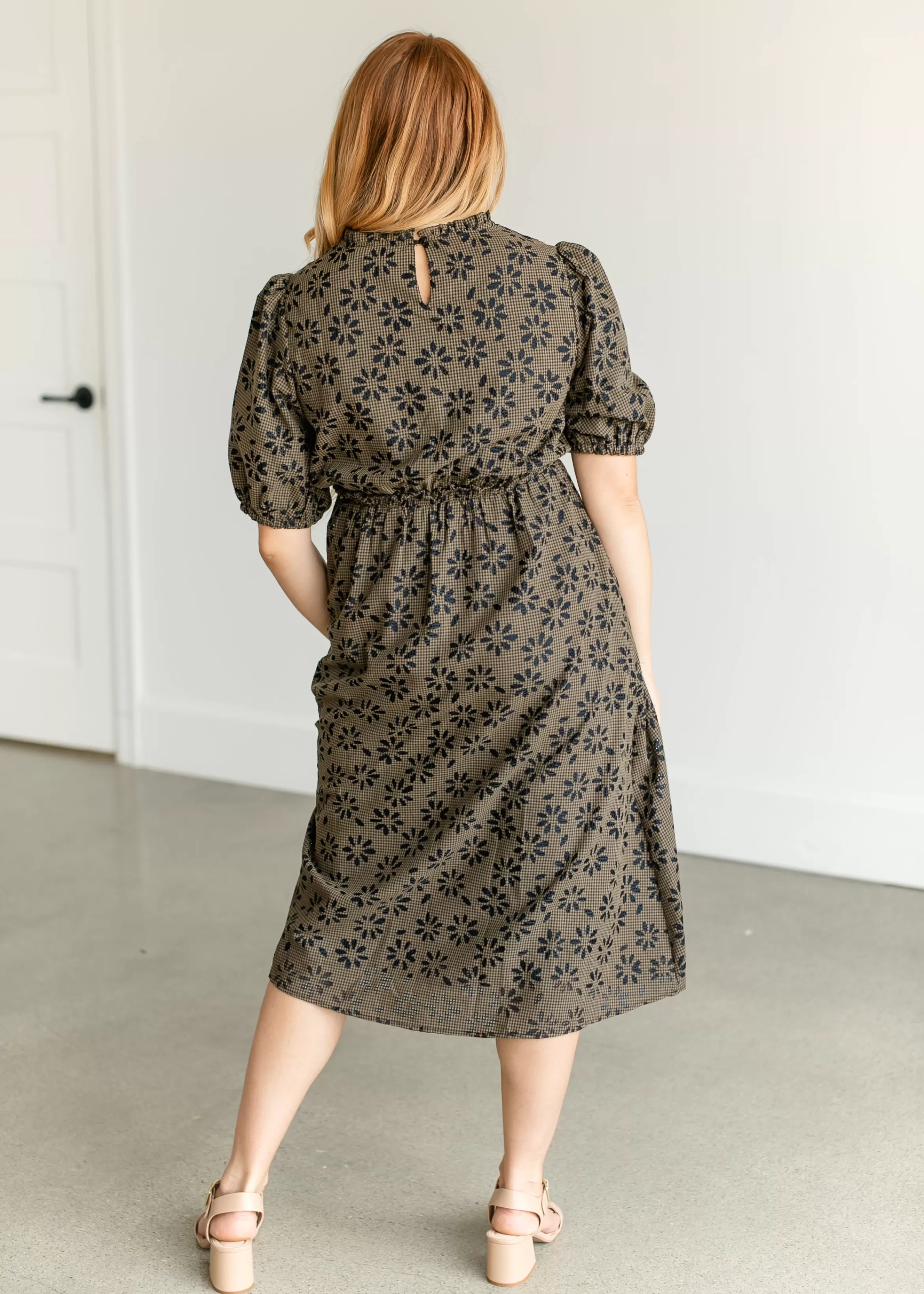 Tea N Rose Gingham Floral Puff Sleeve Midi Dress Clearance