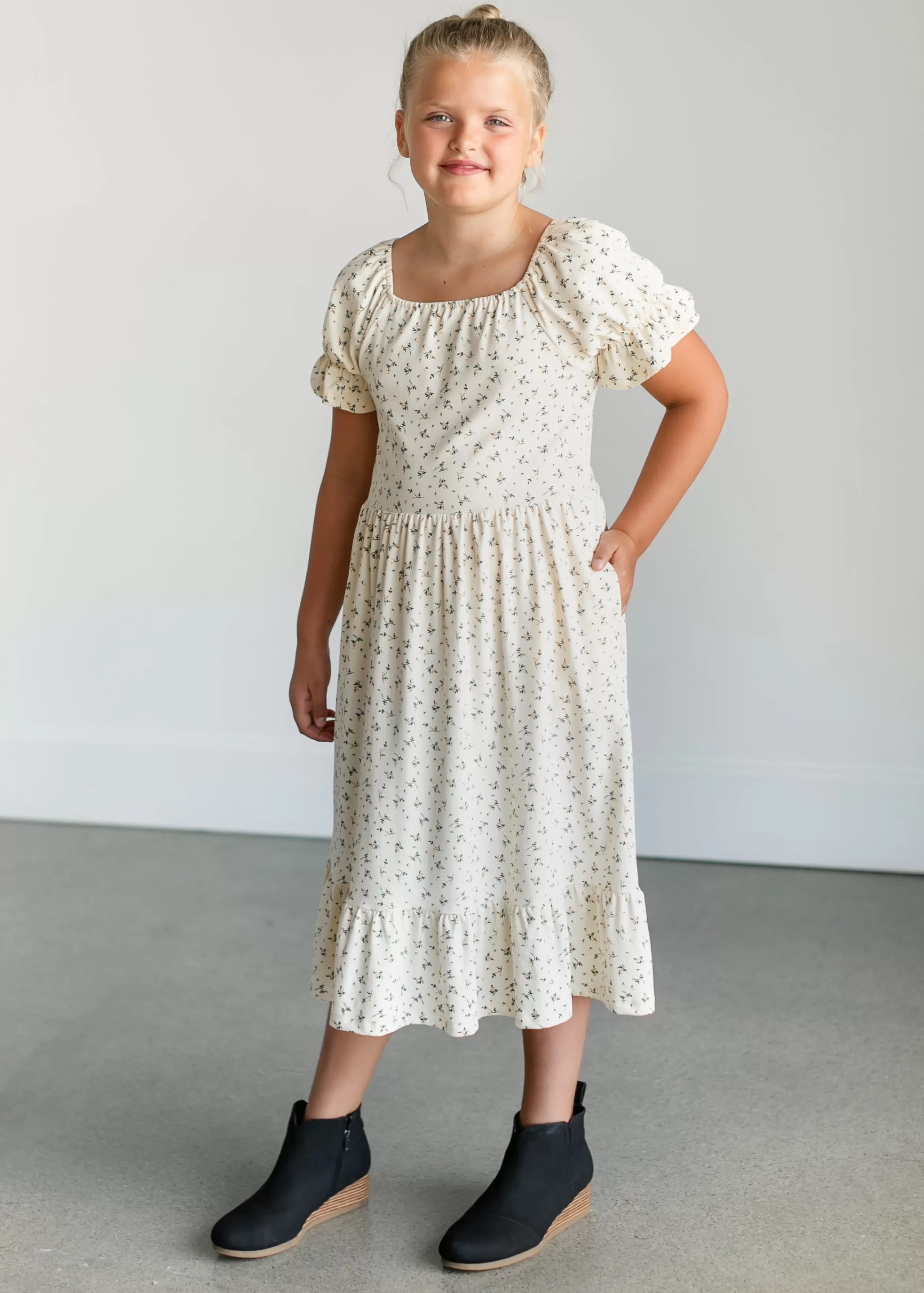 * Girl's Aubriel Floral Puff Sleeve Midi Dress Shop
